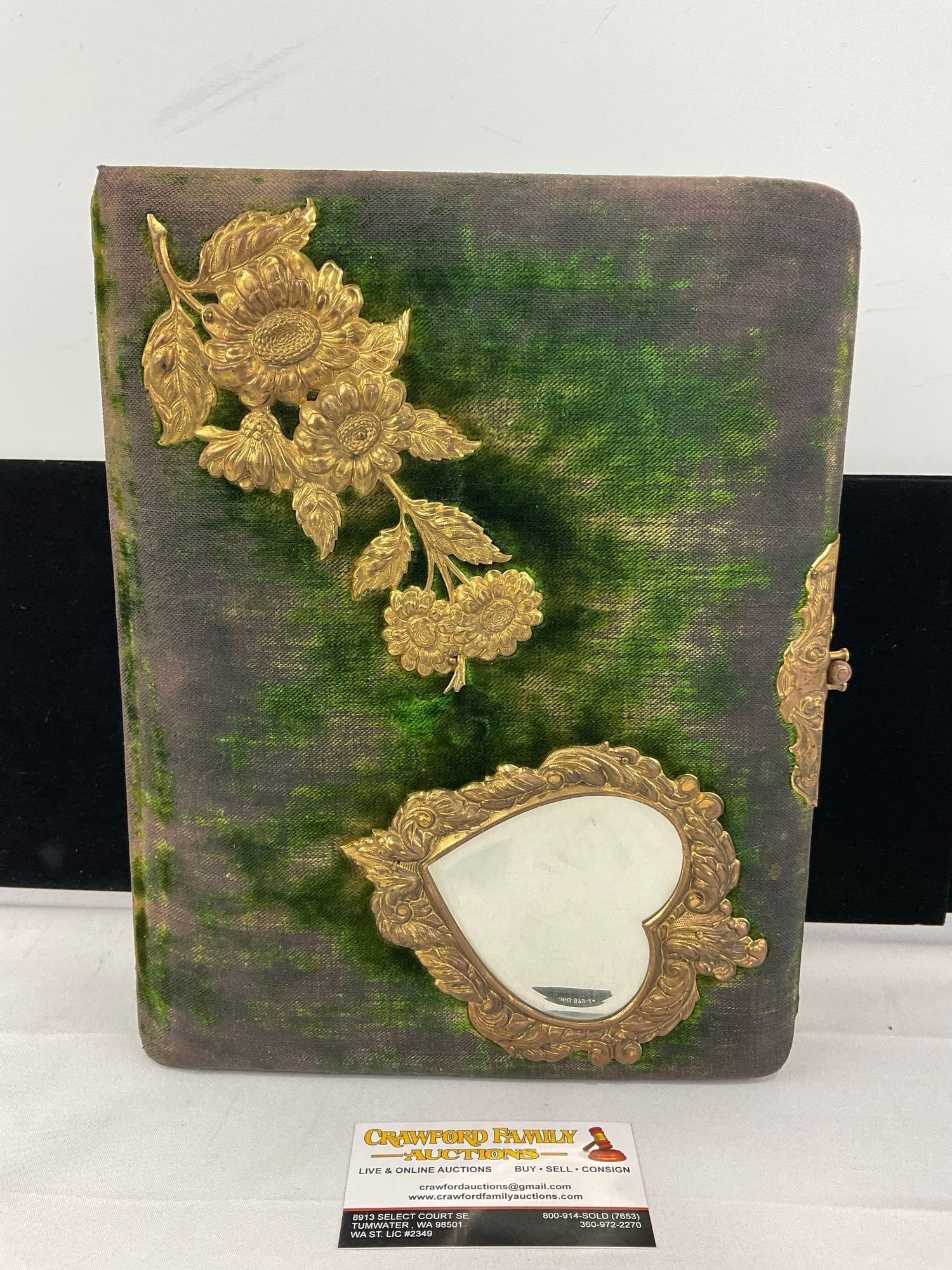 Antique Worn Green Velvet Photo Album w/Brass & Mirror, w/photos: Appears to be in fair shape, shows wear from over the years, the color has drained out of the cover. The piece measures approx 13h x 10w x 5d inches. See pics. E-5950