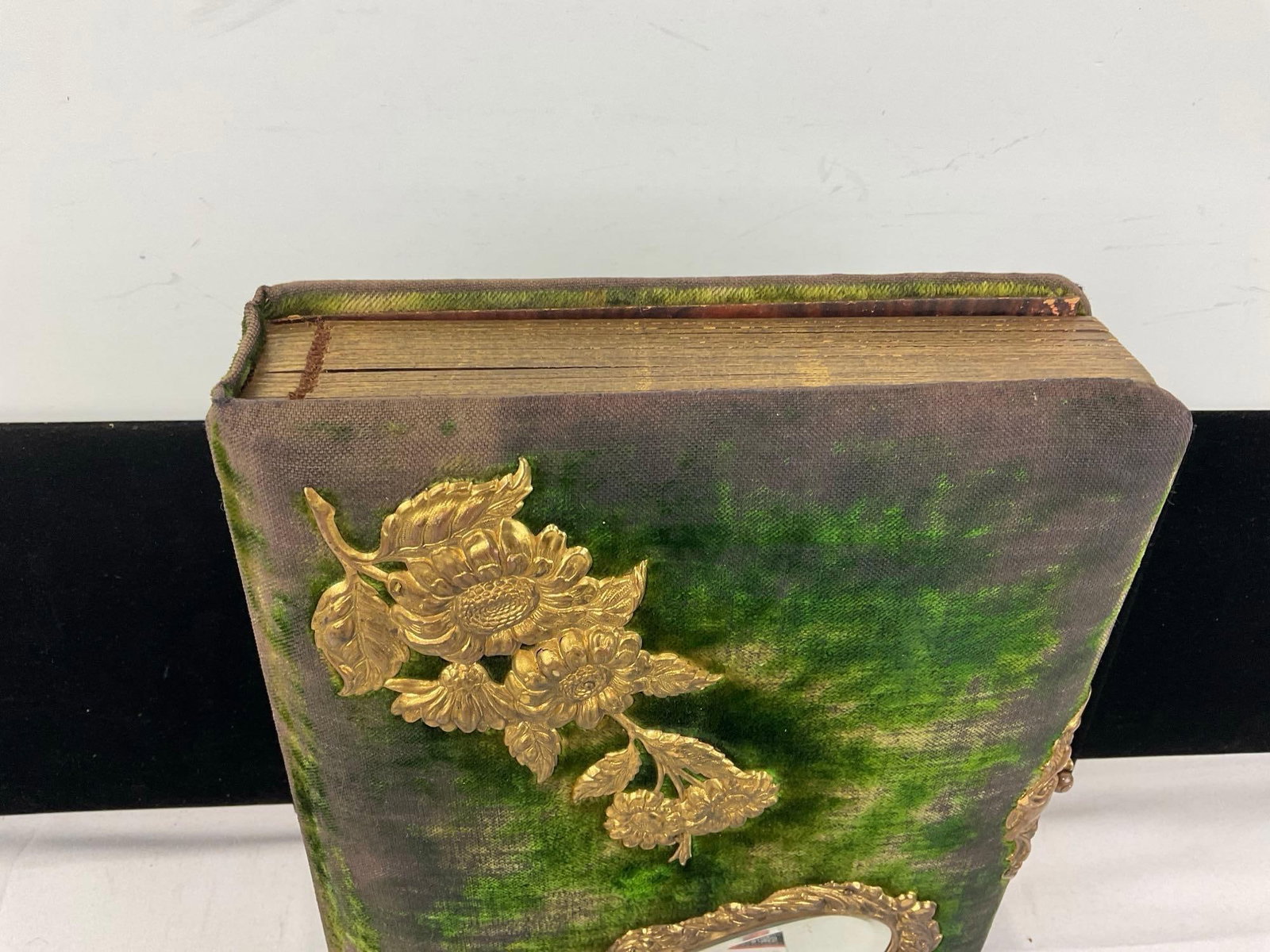 Antique Worn Green Velvet Photo Album w/Brass & Mirror, w/photos - 2