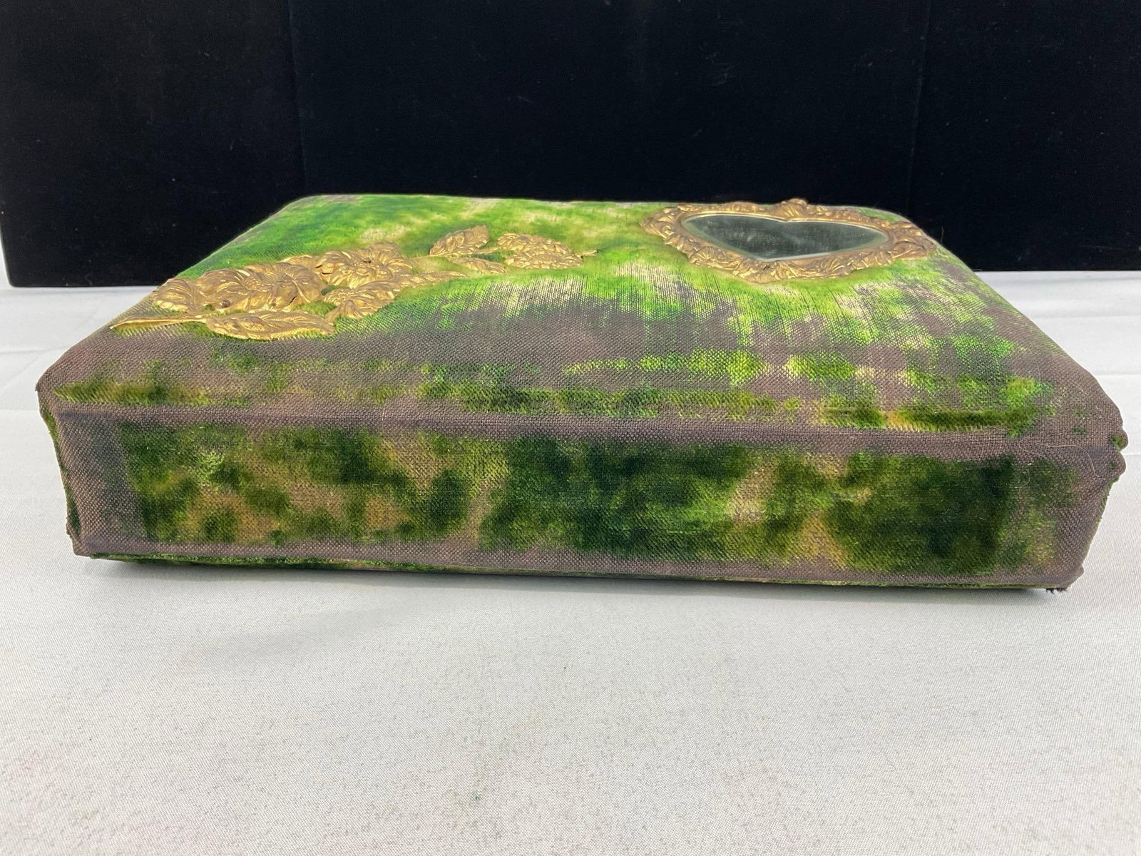 Antique Worn Green Velvet Photo Album w/Brass & Mirror, w/photos - 3