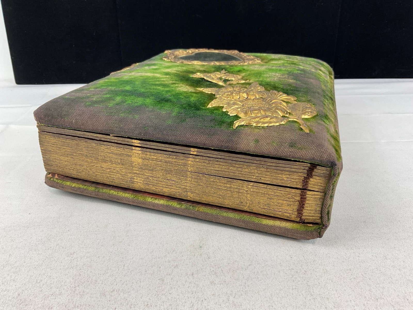 Antique Worn Green Velvet Photo Album w/Brass & Mirror, w/photos - 4