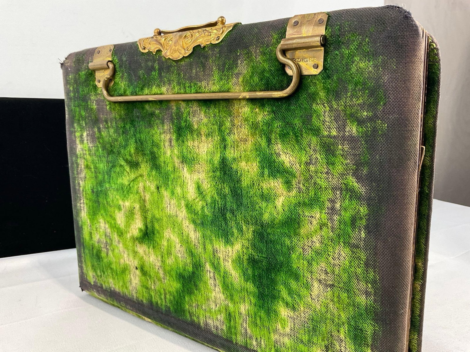 Antique Worn Green Velvet Photo Album w/Brass & Mirror, w/photos - 5