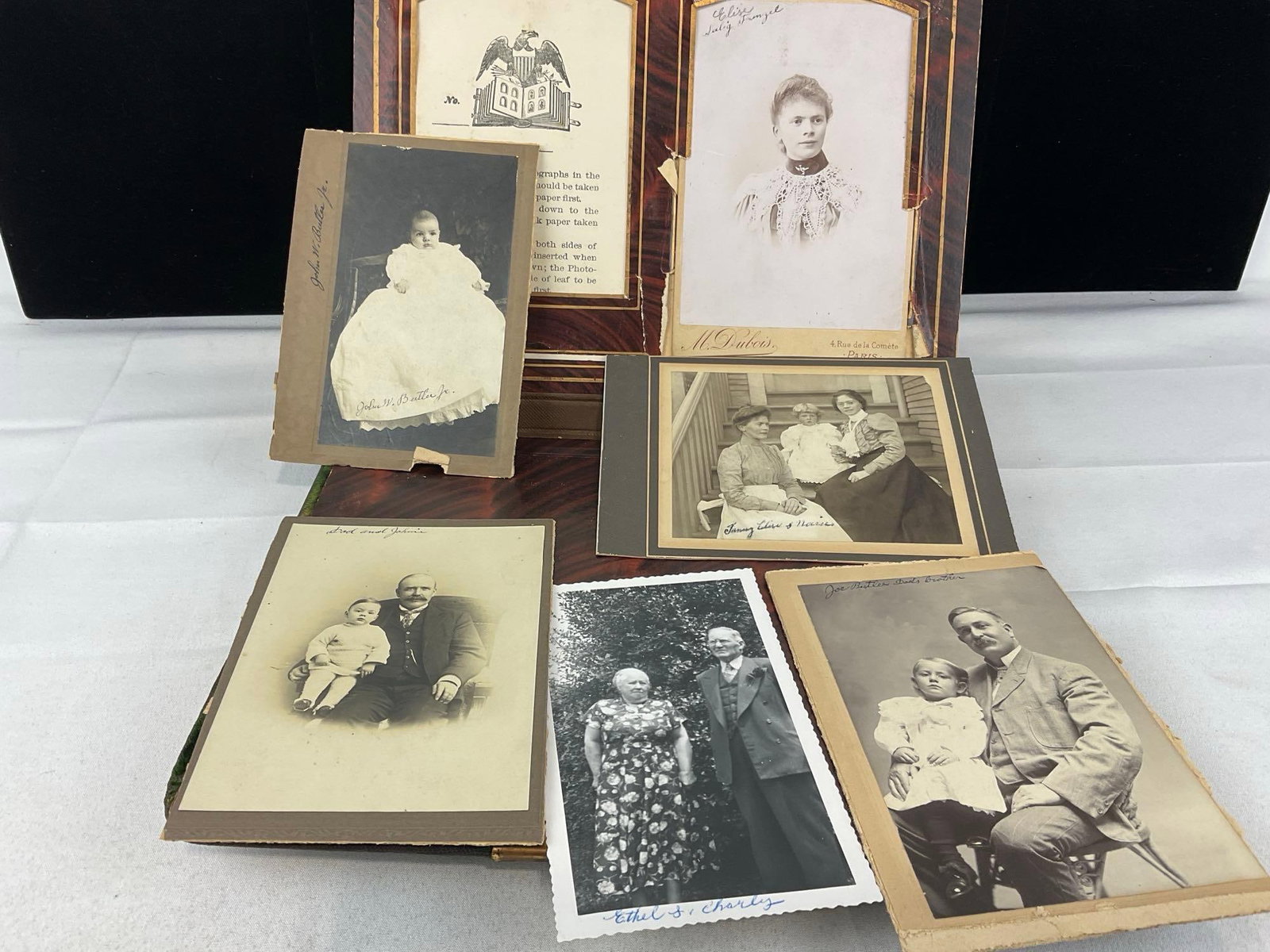 Antique Worn Green Velvet Photo Album w/Brass & Mirror, w/photos - 6