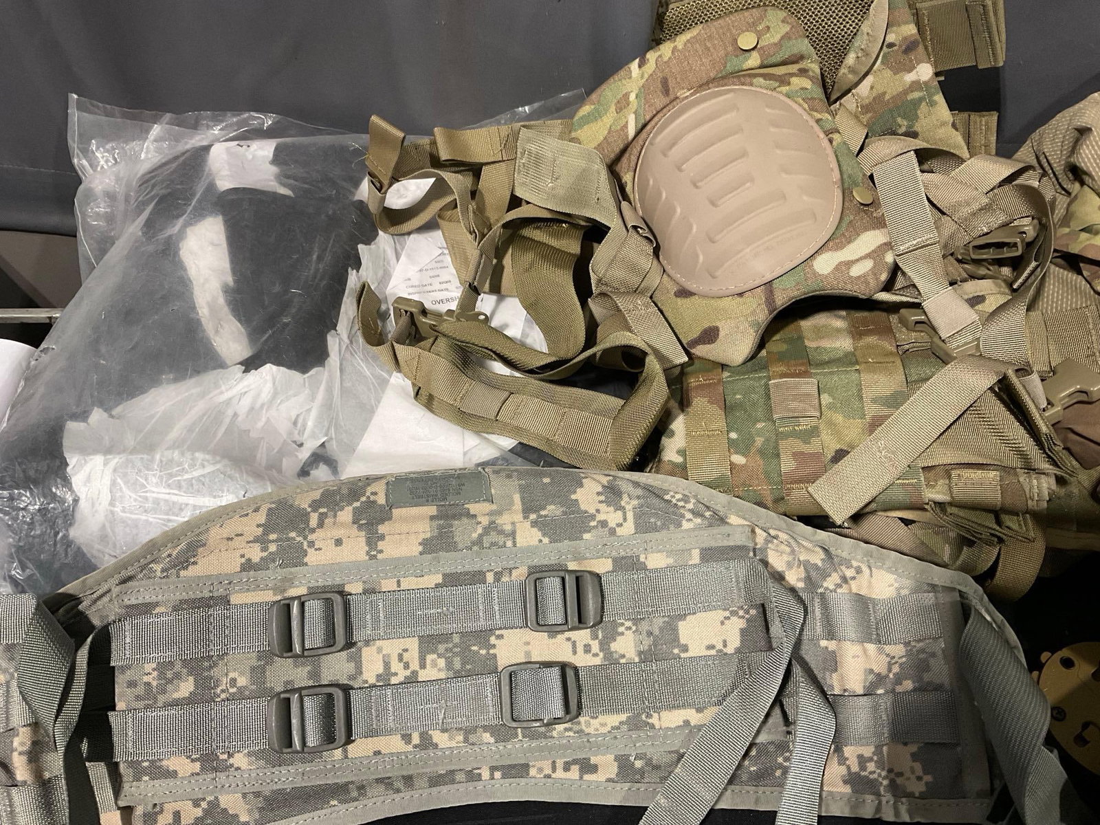 Asst Milsurp, Woodland Camo Magazine Holsters, Braces, variety of coats & AC Shirts, size 2XL - 3