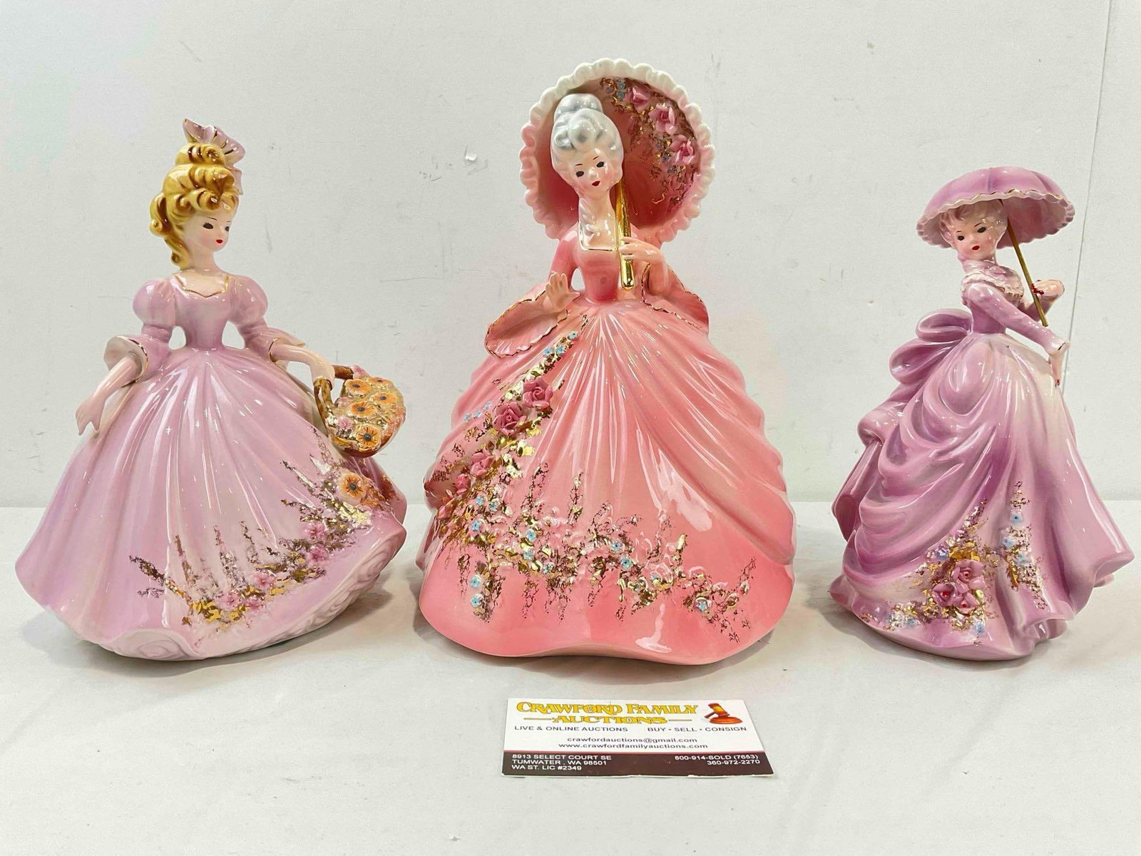 3 pcs Vintage Josef Originals Ceramic Lady Figurines, Pink & Purple Dresses. Good Condition. (1 of 5)