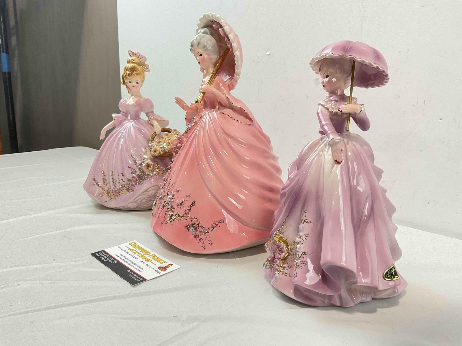 3 pcs Vintage Josef Originals Ceramic Lady Figurines, Pink & Purple Dresses. Good Condition. - 2