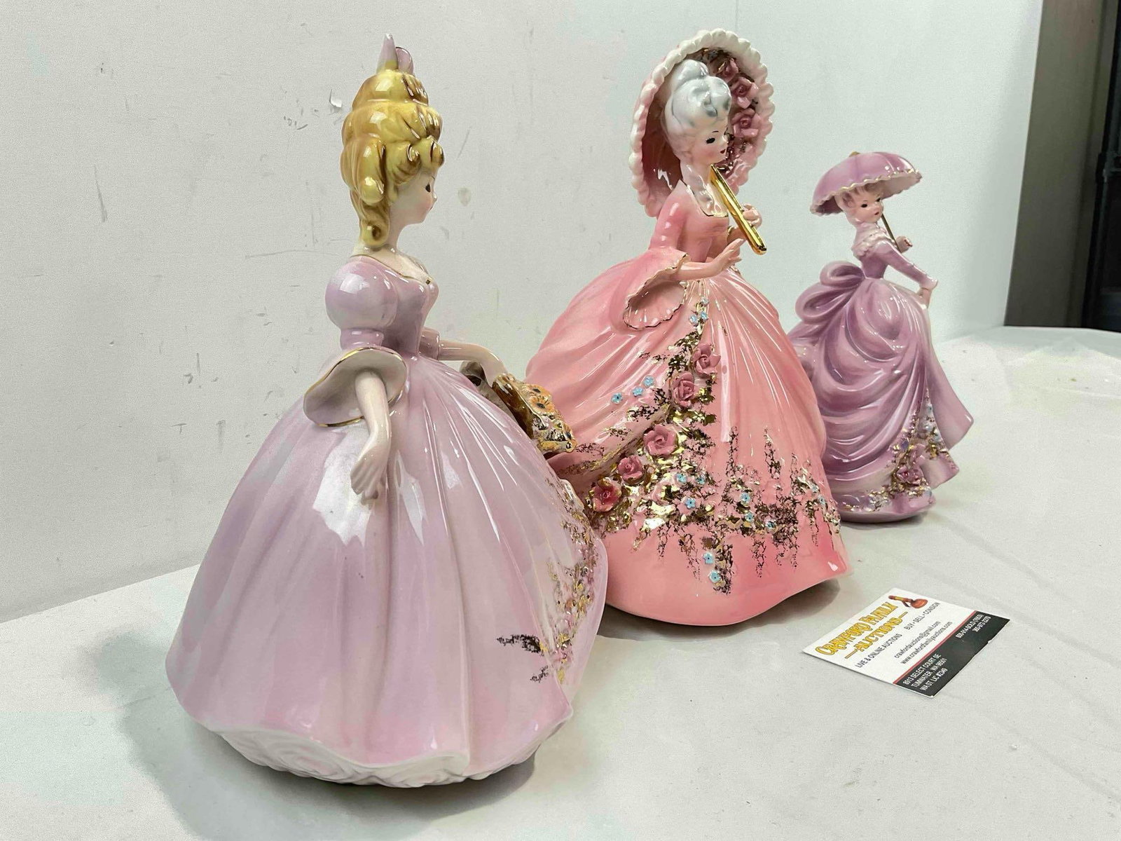 3 pcs Vintage Josef Originals Ceramic Lady Figurines, Pink & Purple Dresses. Good Condition. - 3