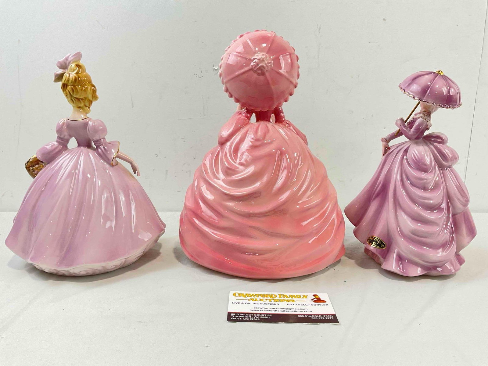 3 pcs Vintage Josef Originals Ceramic Lady Figurines, Pink & Purple Dresses. Good Condition. - 4