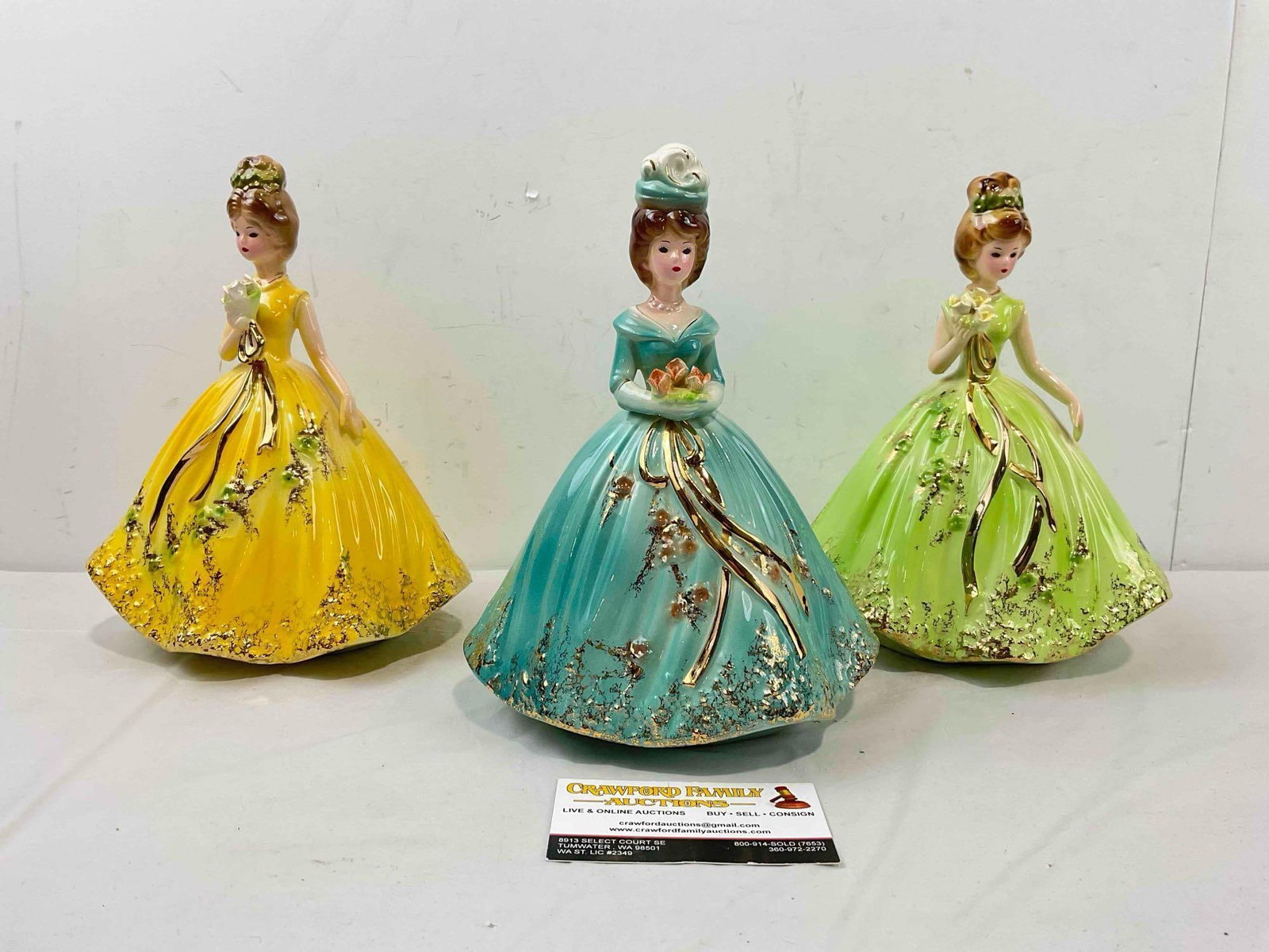 3 pcs Vintage Josef Originals Ceramic Lady Figurines, Green/Teal/Yellow Dresses. Good Cond. (1 of 5)