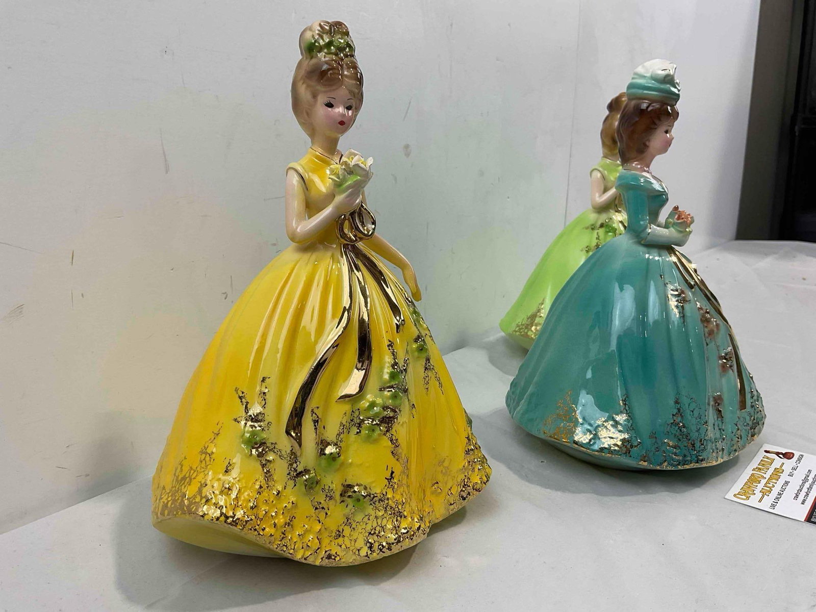 3 pcs Vintage Josef Originals Ceramic Lady Figurines, Green/Teal/Yellow Dresses. Good Cond. - 2