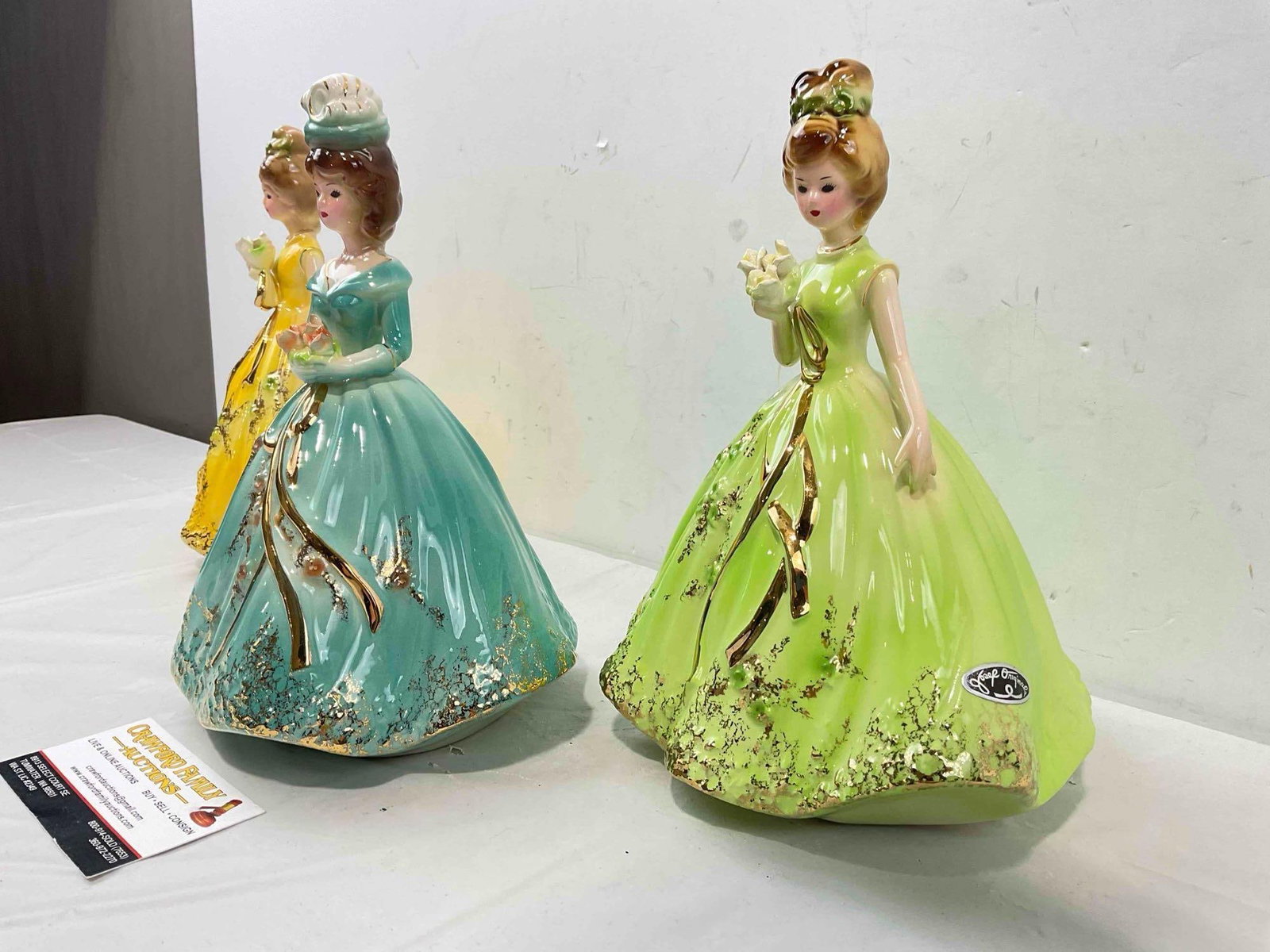 3 pcs Vintage Josef Originals Ceramic Lady Figurines, Green/Teal/Yellow Dresses. Good Cond. - 3