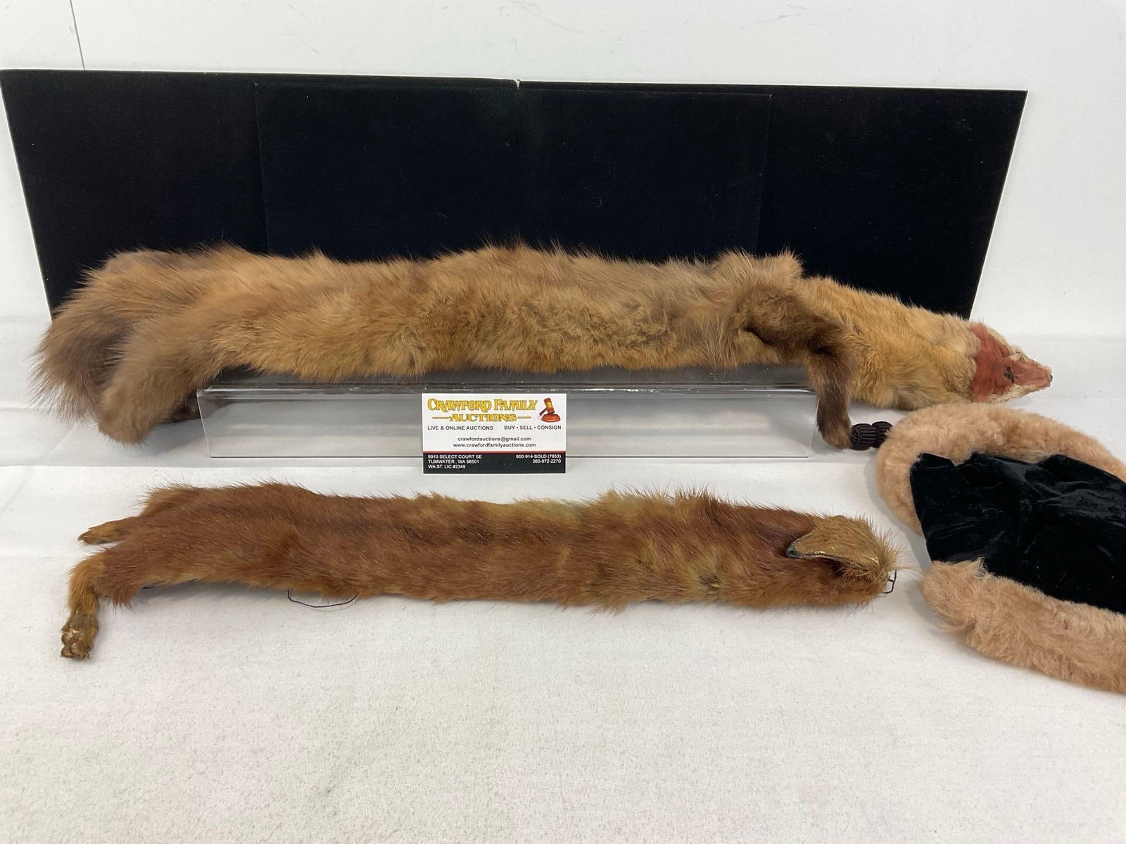 Pair of Vintage Brown Mink Fur Scarves, & Velvet & Fur Small Hat: Appears to be in good shape. The piece measures approx 14h x 8w x 4d inches. See pics. E-5950