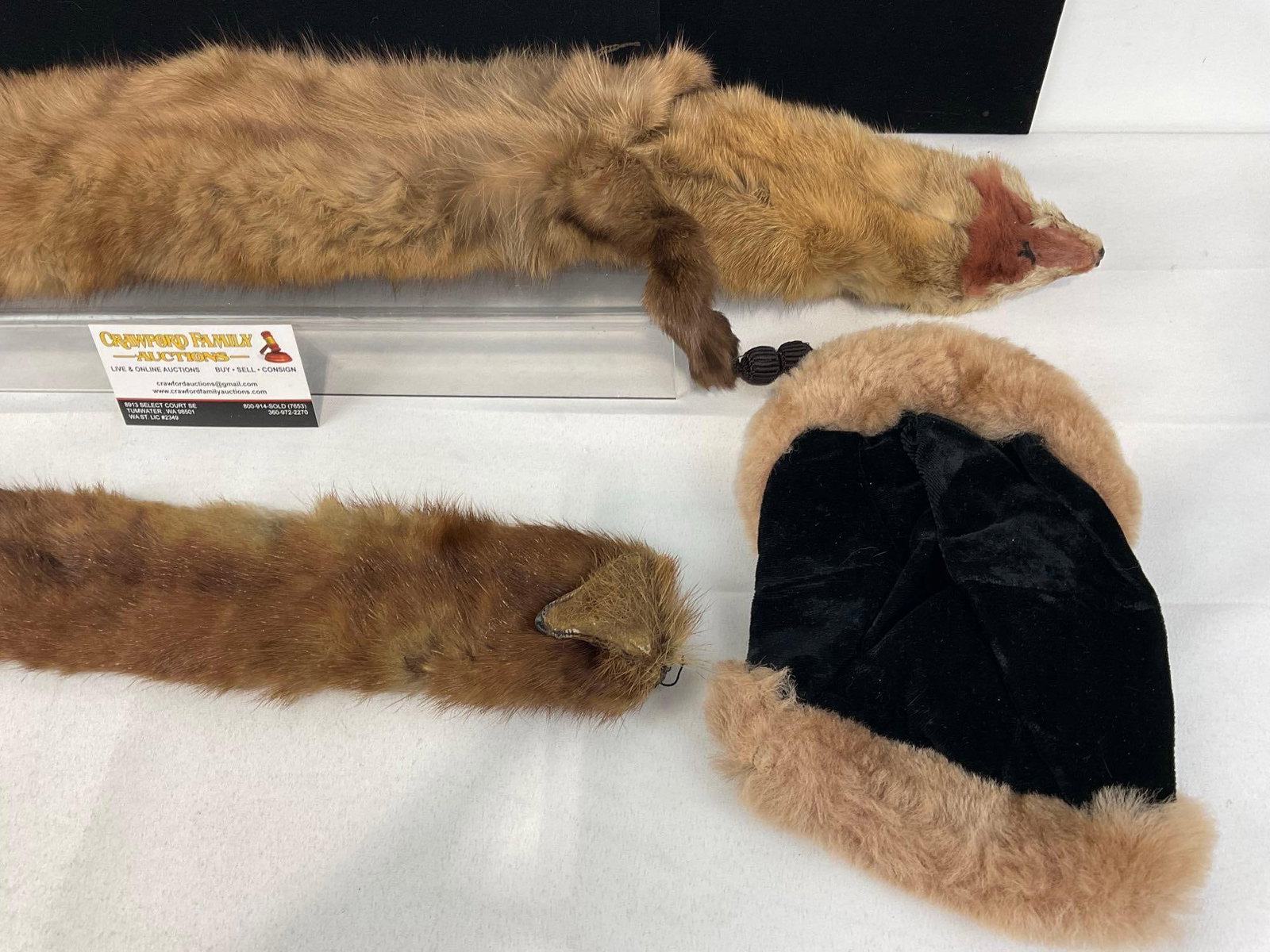 Pair of Vintage Brown Mink Fur Scarves, & Velvet & Fur Small Hat - 2