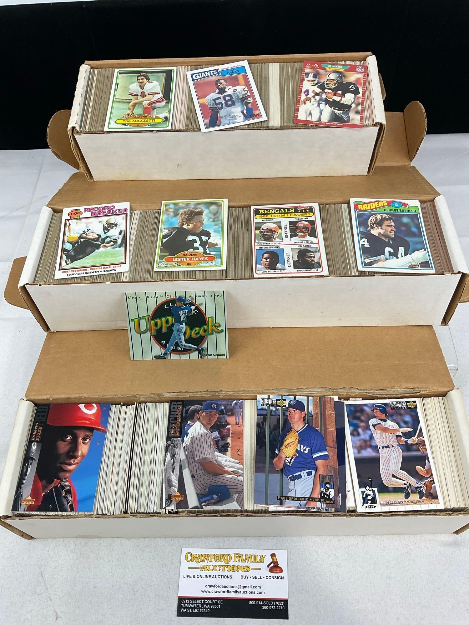 3 Boxes of Sports Cards, Upper Deck & Topps, approx 3500+ cards: Appears to be in good shape. The piece measures approx 10h x 13w x 5d inches. See pics. E-5950