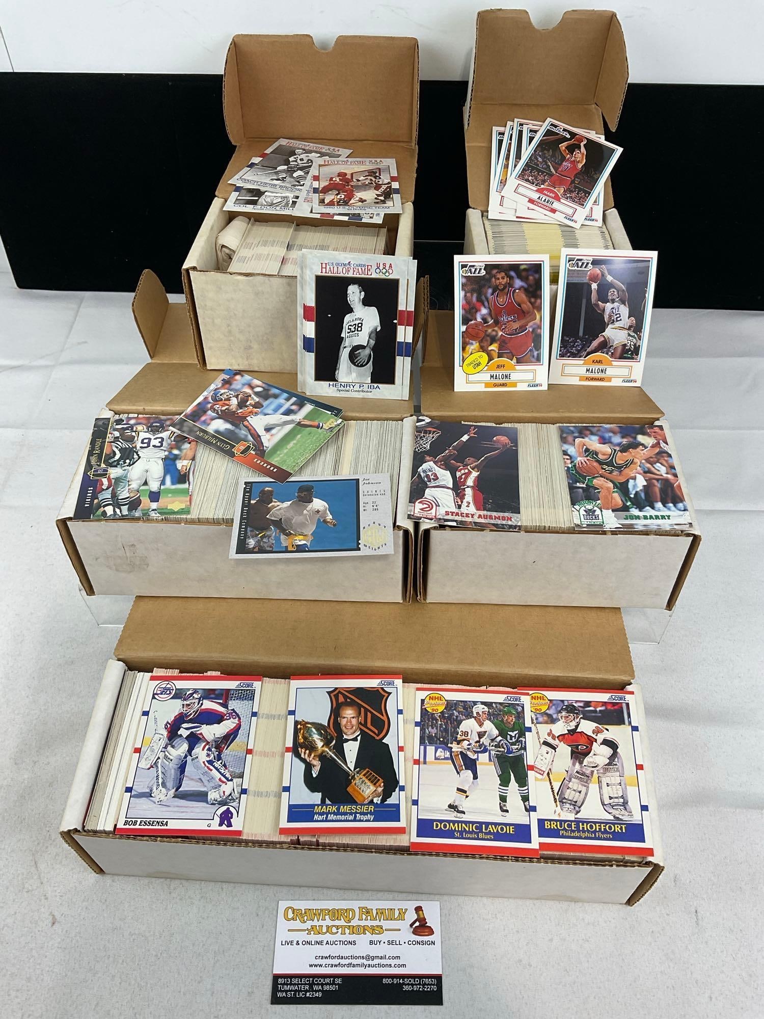 5 Boxes of Sports Cards, USA Olympics, Upper Deck, NHL Score, NBA Hoops & more, approx 2750+ cards: Appears to be in good shape. The piece measures approx 10h x 13w x 5d inches. See pics. E-5950
