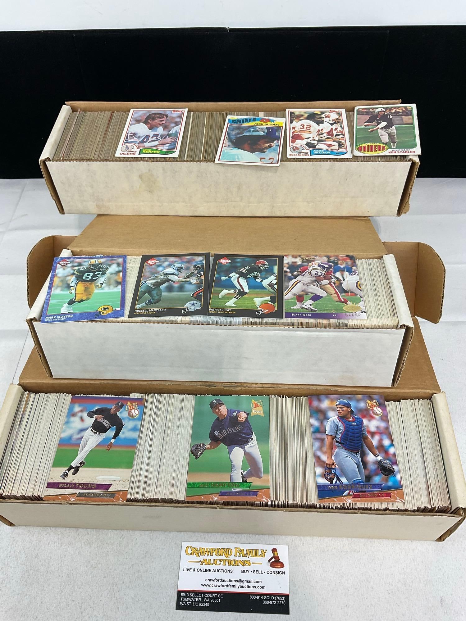 3 Boxes of Sports Cards, Baseball & Football, Fleer Ultra, Upper Deck, Topps & more, 2750+ approx: Appears to be in good shape. The piece measures approx 10h x 15w x 5d inches. See pics. E-5950