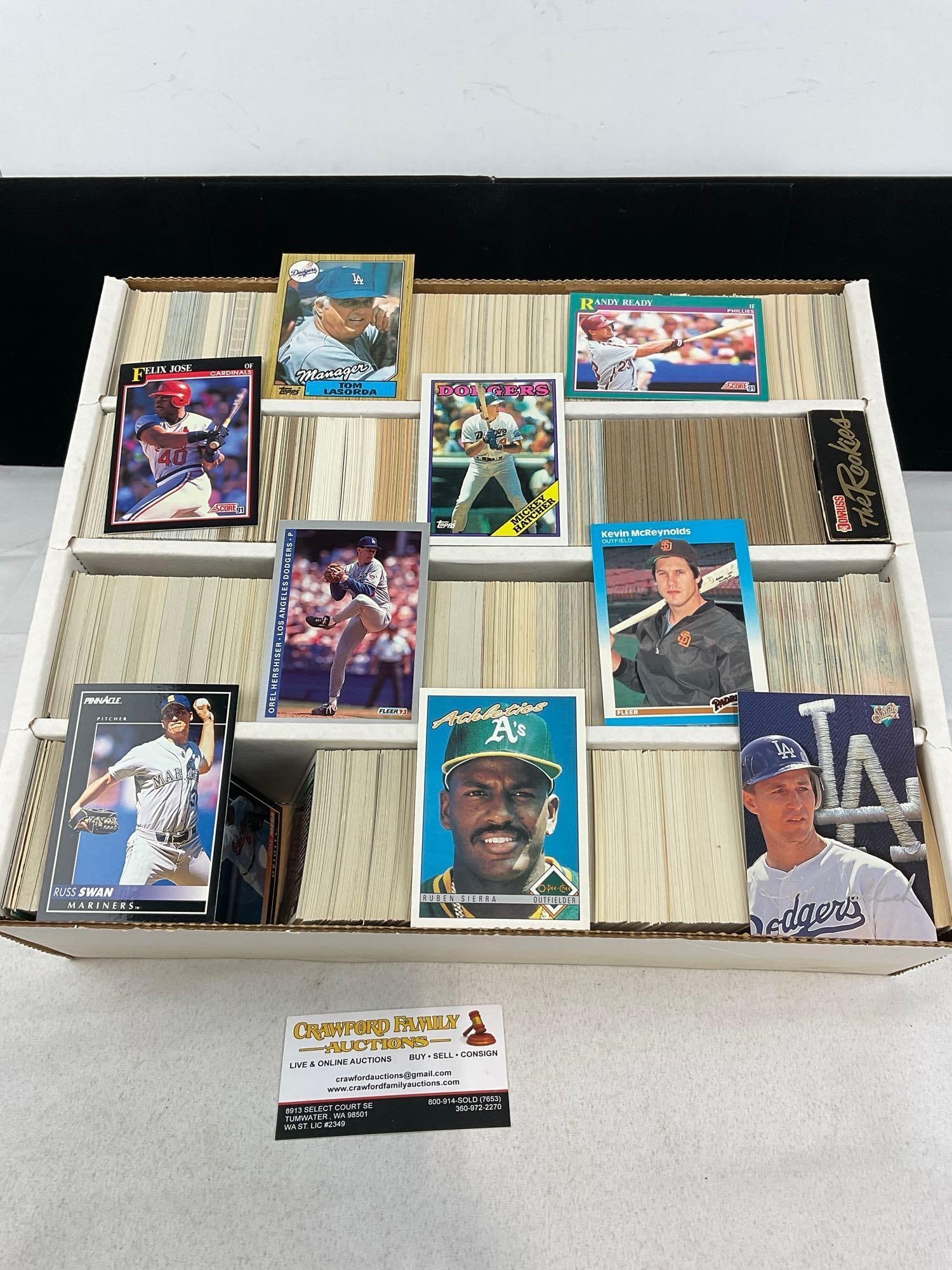 Large 5000+ Card box of Sports cards, Tops, Score, Fleer, O-Pee-Chee & more: Appears to be in good shape. The piece measures approx 5h x 16w x 13d inches. See pics. E-5950