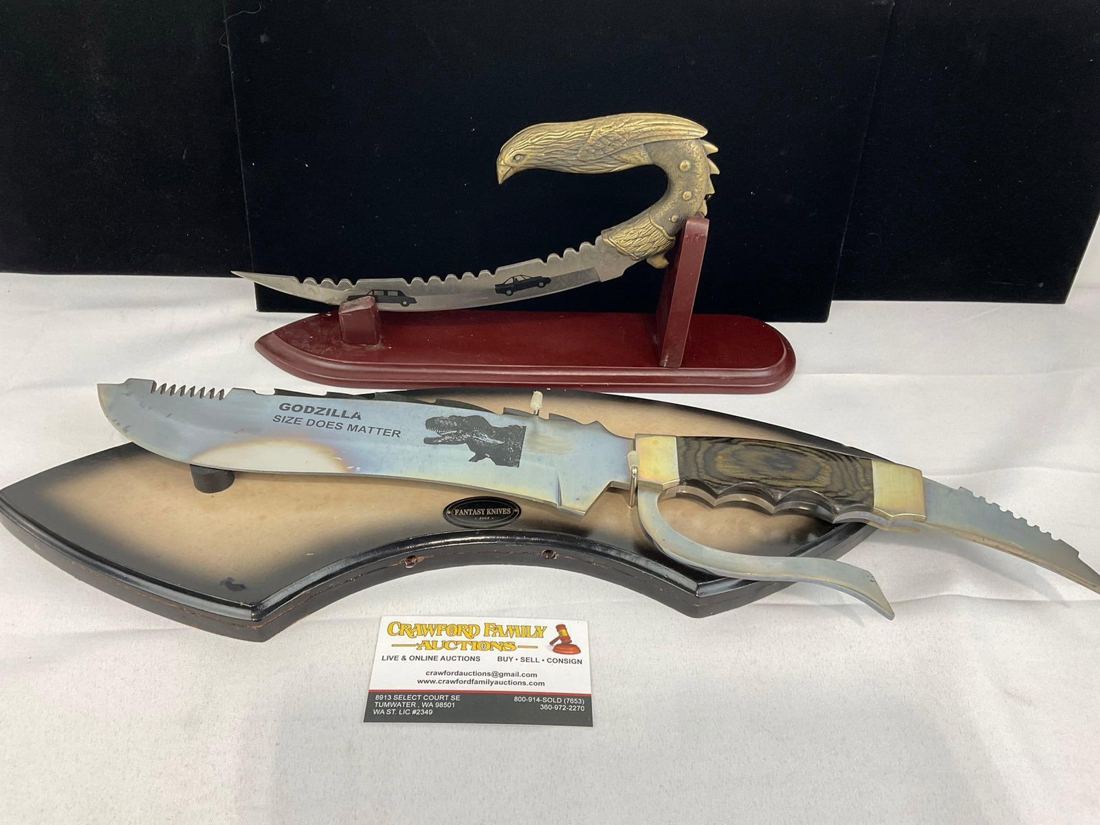Pair of Novelty Knives, Karambit w/Eagle Brass Handle, & Godzilla Huge Knife w/Plaque (1 of 6)