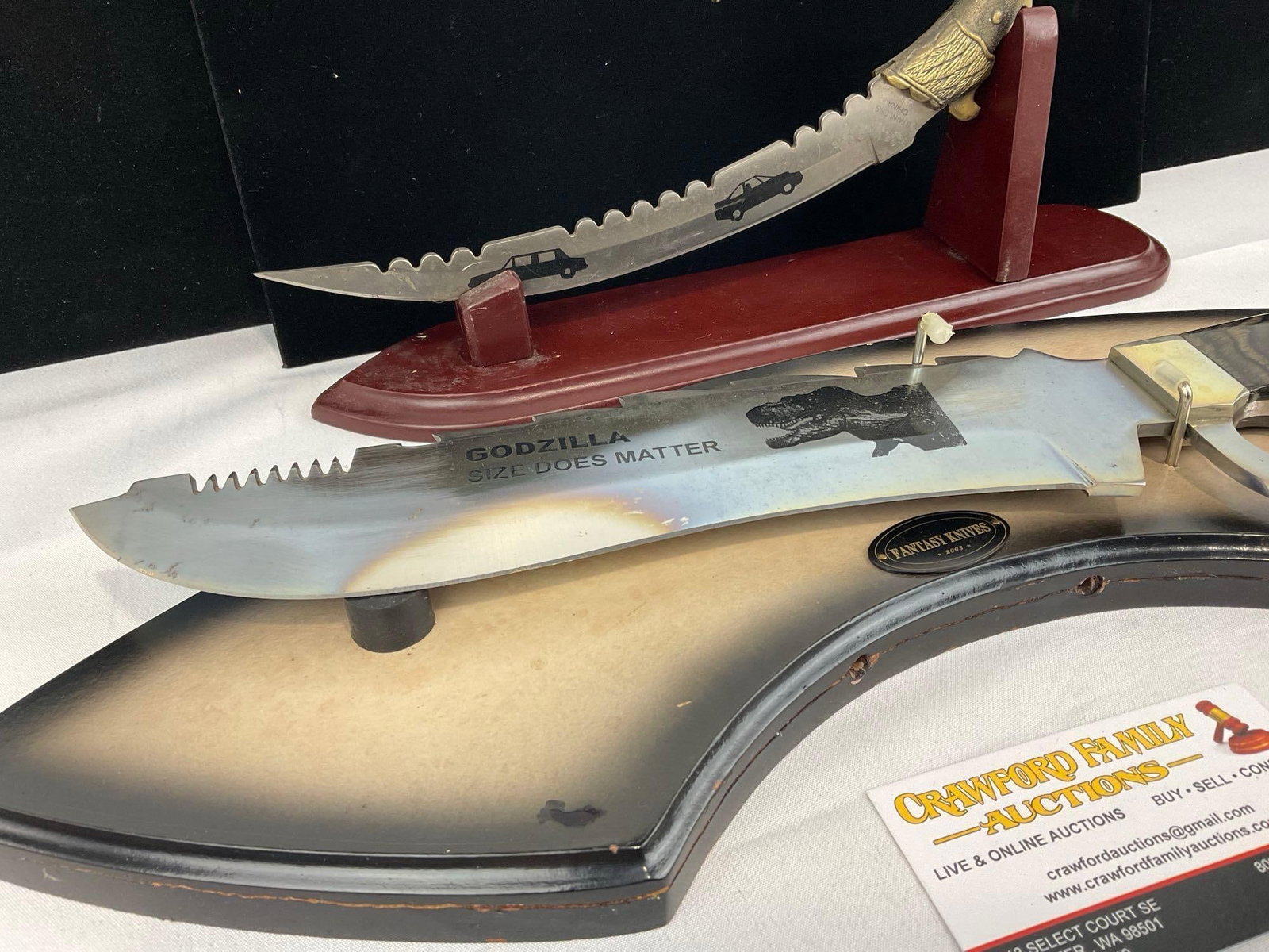 Pair of Novelty Knives, Karambit w/Eagle Brass Handle, & Godzilla Huge Knife w/Plaque - 2