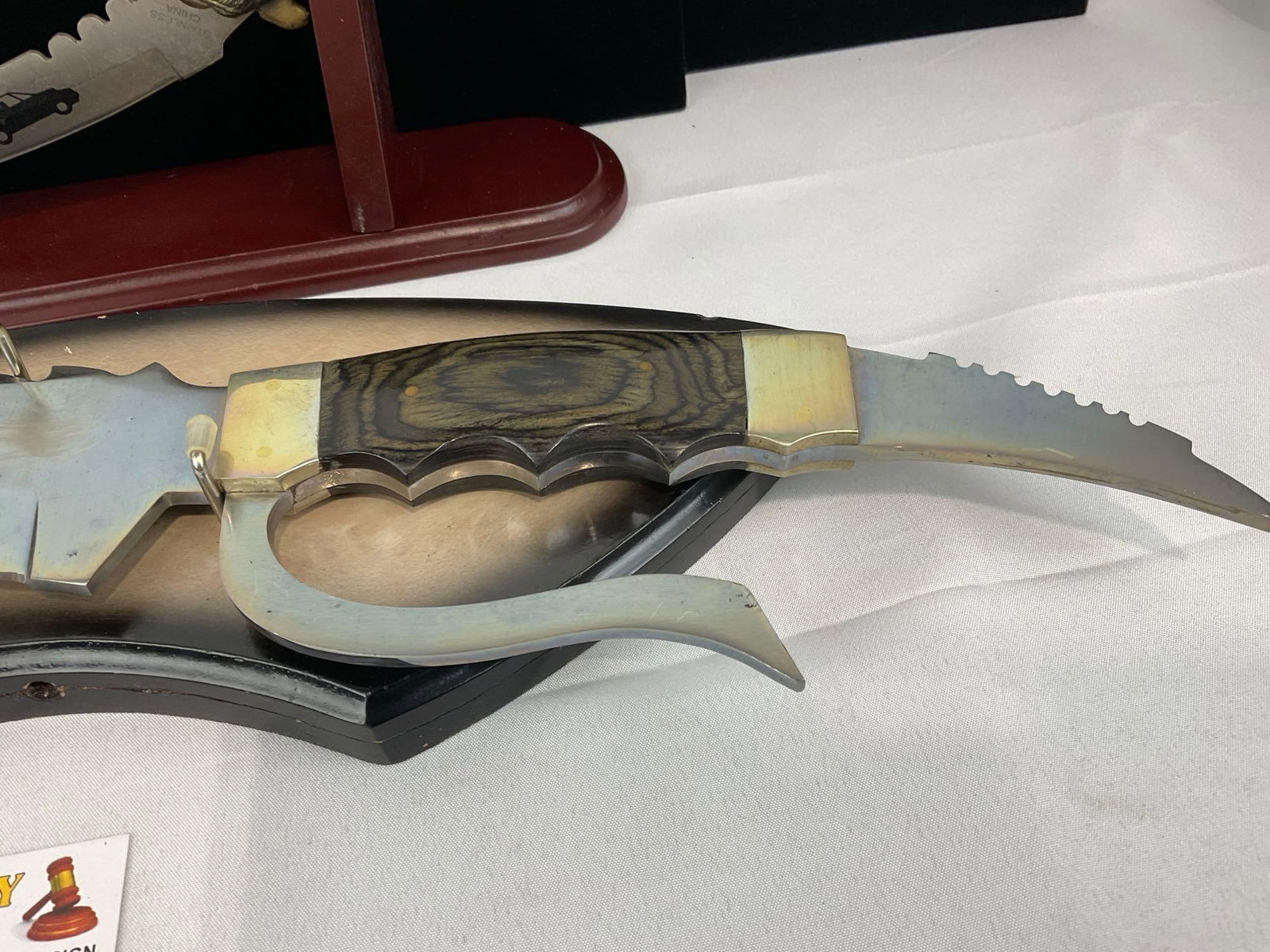 Pair of Novelty Knives, Karambit w/Eagle Brass Handle, & Godzilla Huge Knife w/Plaque - 3