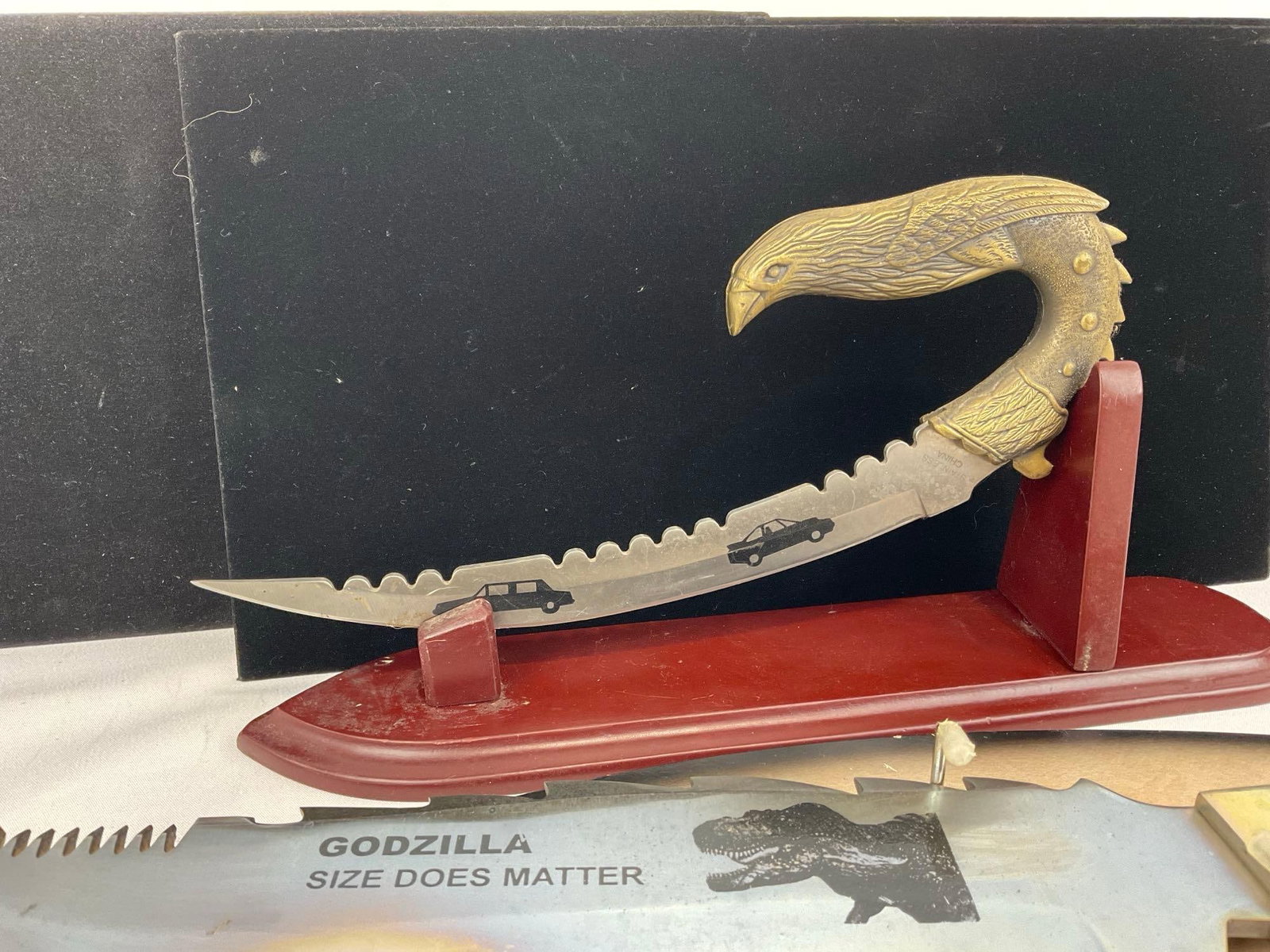 Pair of Novelty Knives, Karambit w/Eagle Brass Handle, & Godzilla Huge Knife w/Plaque - 4