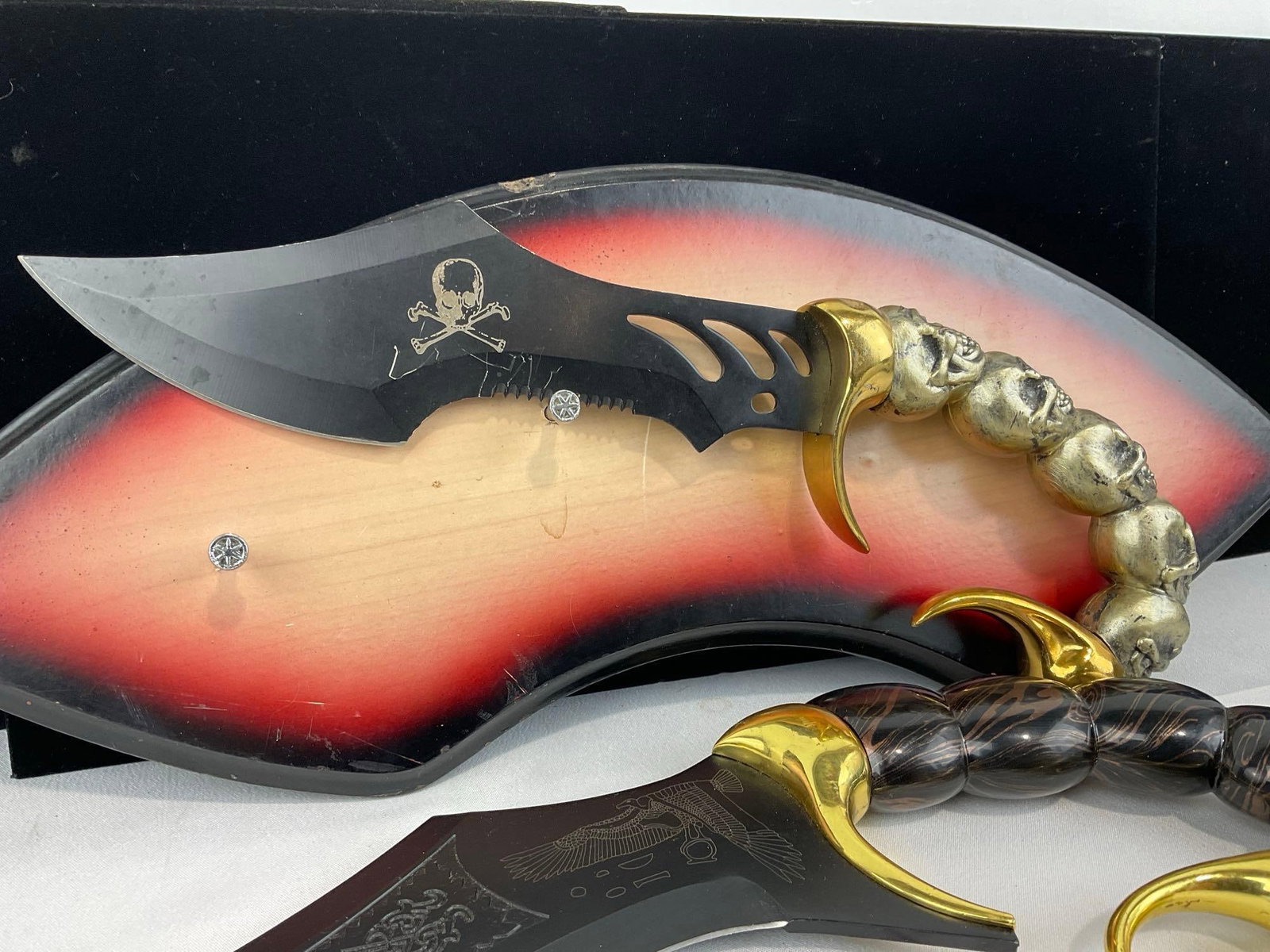 Pair of Egyptian Scorpion Tail Fantasy Knives, Skull Handle, w/1 Plaque - 4