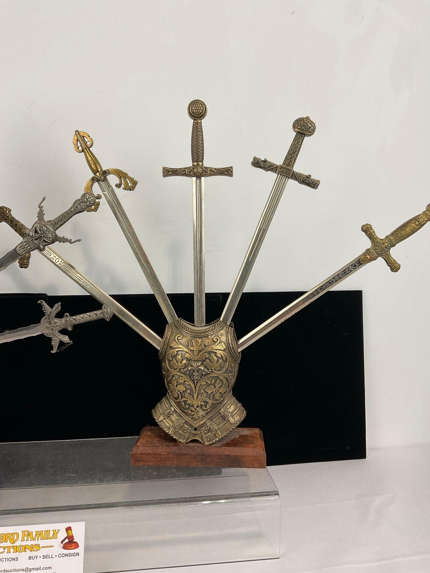 2 Sets of Resin Armor Stands w/Decorative Letter Openers, Sword style pieces - 3