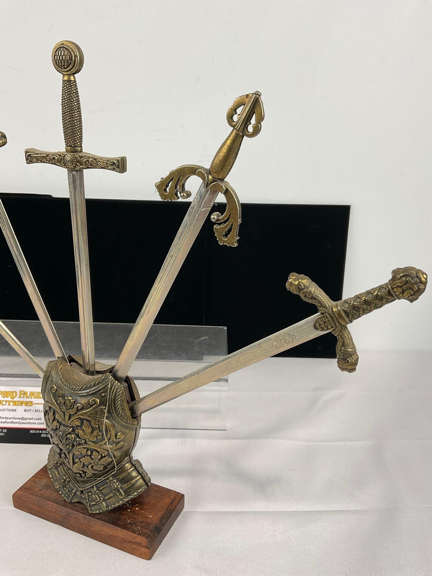 2 Sets of Resin Armor Stands w/Decorative Letter Openers, Sword style pieces - 6