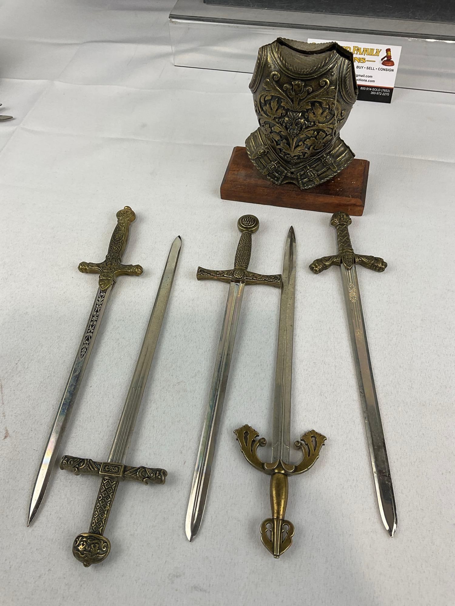 2 Sets of Resin Armor Stands w/Decorative Letter Openers, Sword style pieces - 8