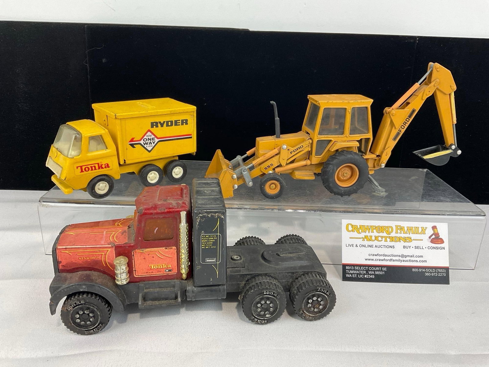 3 1/32 Scale Diecast models, Ford 555A Backhoe, 78 Tonka Ryder Box Truck & Tonka Kenworth Semi-Tr... (1 of 4)