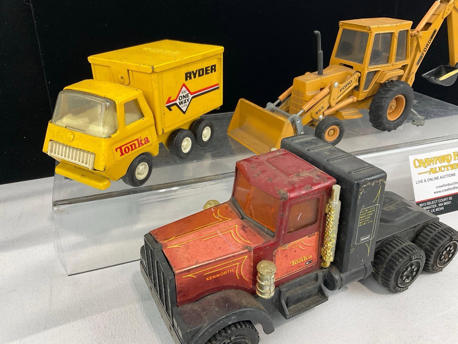3 1/32 Scale Diecast models, Ford 555A Backhoe, 78 Tonka Ryder Box Truck & Tonka Kenworth Semi-Tr... - 2
