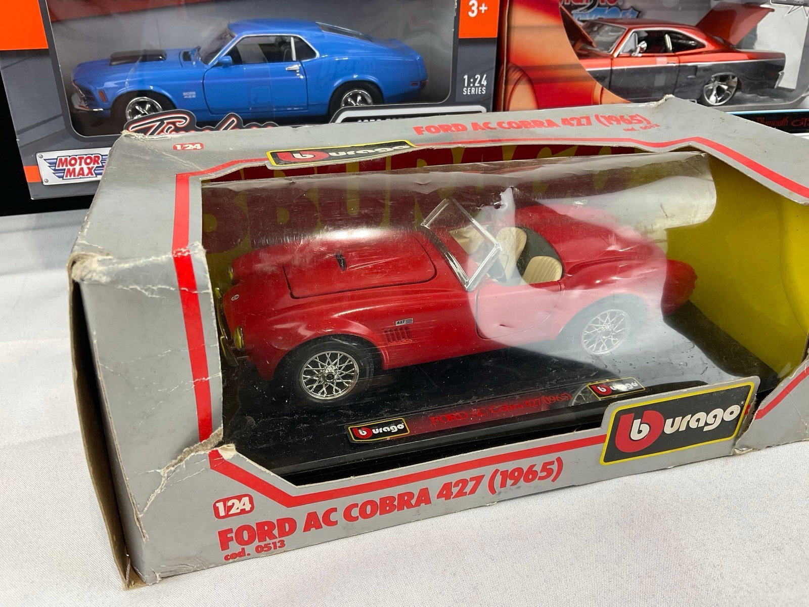 3 Diecast 1:24 Scale Cars, 1965 Burago Ford AC Cobra 427, 70 Ford Mustang Boss 429 & 70 Plymouth ... - 2