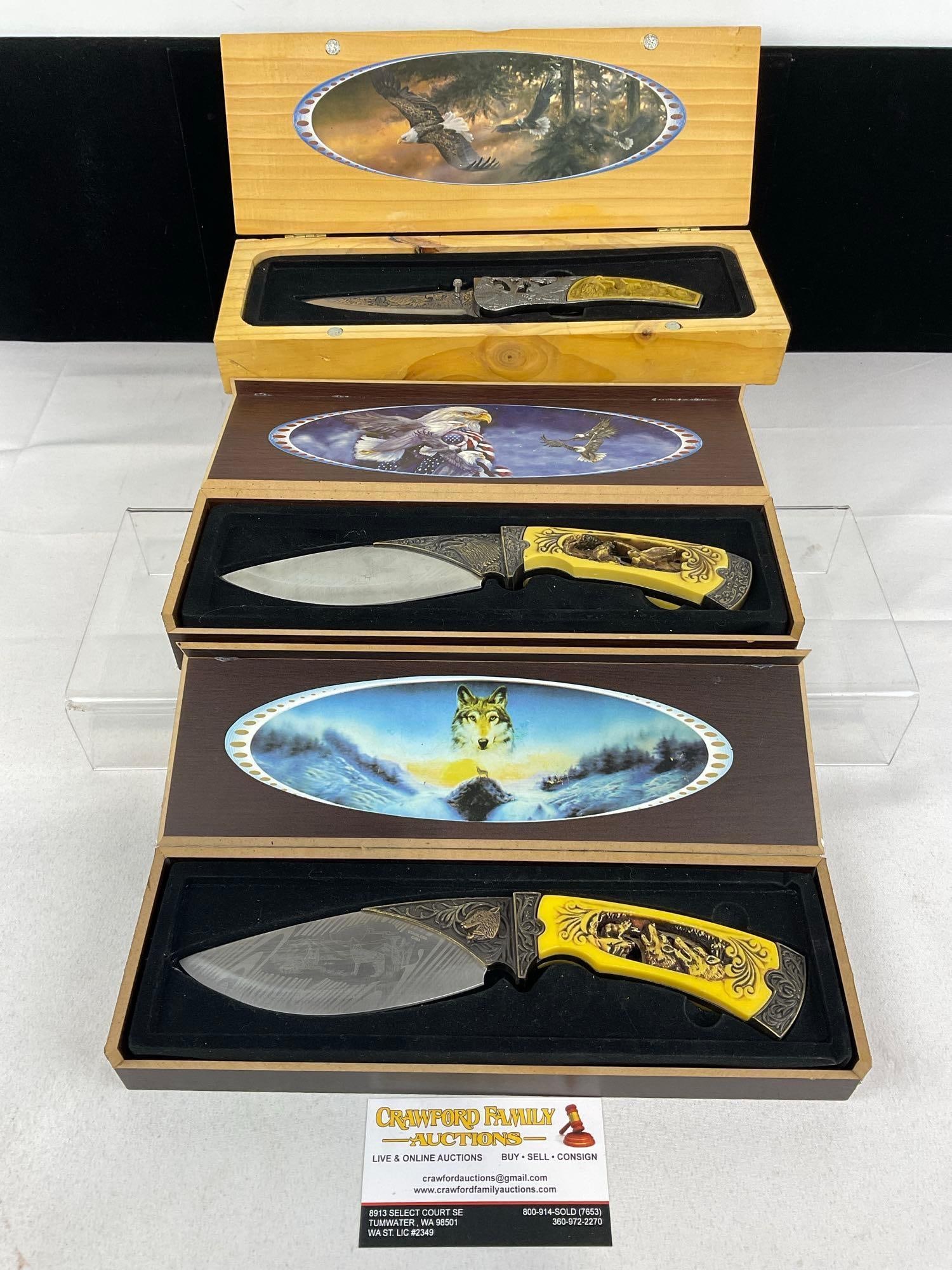 3 Knives w/Carved Resin Handles & Woodland etched designs, 2 Fixed Blades & 1 Folding Knife in ca...: Appears to be in good shape. The piece measures approx 7h x 13w x 5d inches. See pics. E-5940