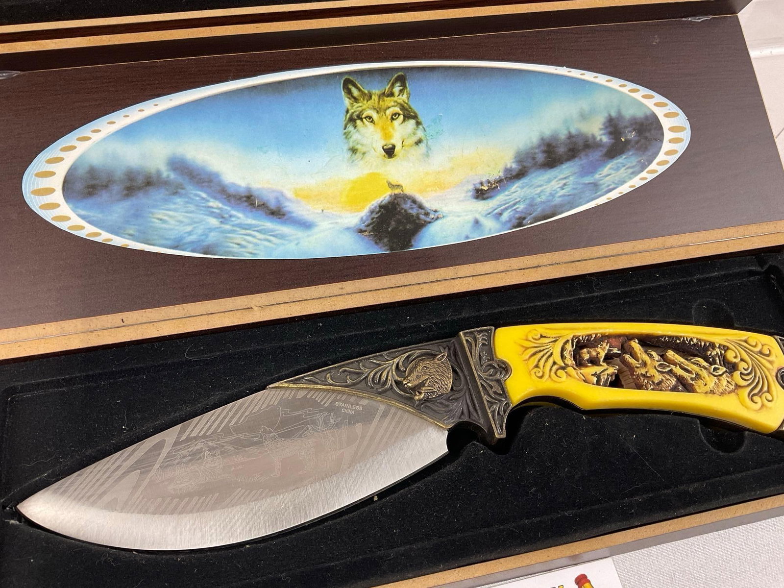 3 Knives w/Carved Resin Handles & Woodland etched designs, 2 Fixed Blades & 1 Folding Knife in ca... - 2
