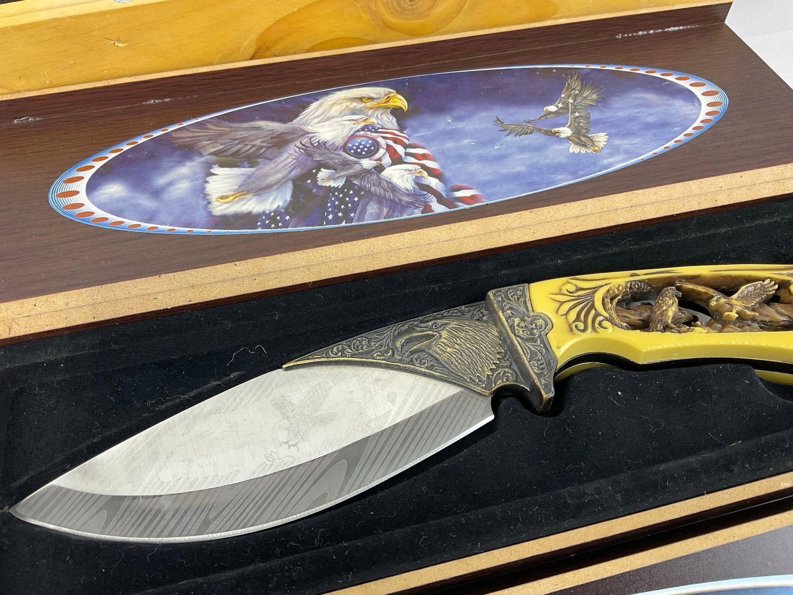 3 Knives w/Carved Resin Handles & Woodland etched designs, 2 Fixed Blades & 1 Folding Knife in ca... - 3