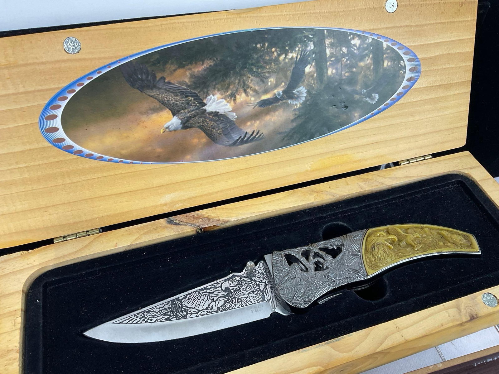 3 Knives w/Carved Resin Handles & Woodland etched designs, 2 Fixed Blades & 1 Folding Knife in ca... - 4