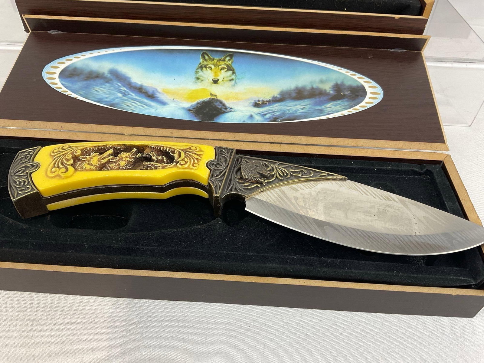 3 Knives w/Carved Resin Handles & Woodland etched designs, 2 Fixed Blades & 1 Folding Knife in ca... - 5