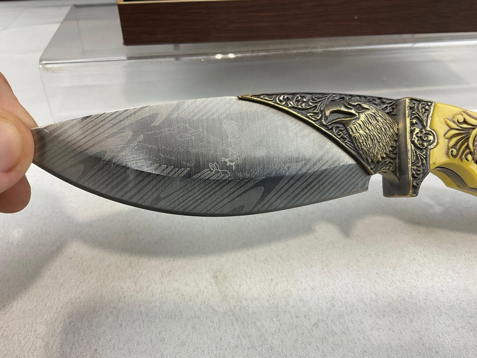 3 Knives w/Carved Resin Handles & Woodland etched designs, 2 Fixed Blades & 1 Folding Knife in ca... - 6