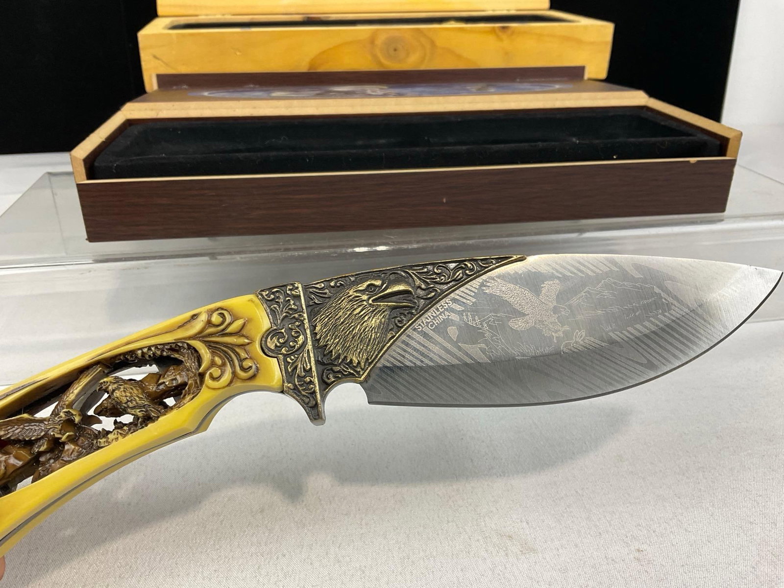 3 Knives w/Carved Resin Handles & Woodland etched designs, 2 Fixed Blades & 1 Folding Knife in ca... - 7
