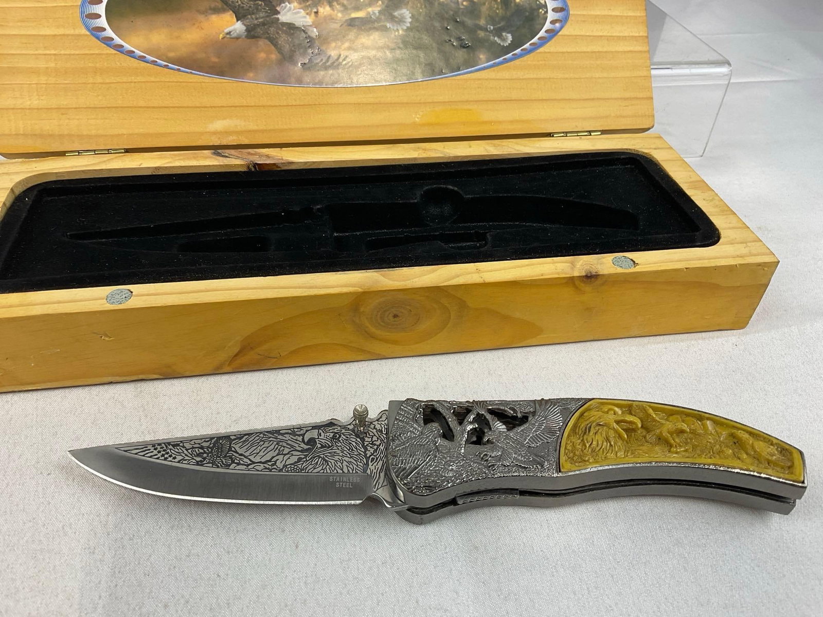 3 Knives w/Carved Resin Handles & Woodland etched designs, 2 Fixed Blades & 1 Folding Knife in ca... - 8