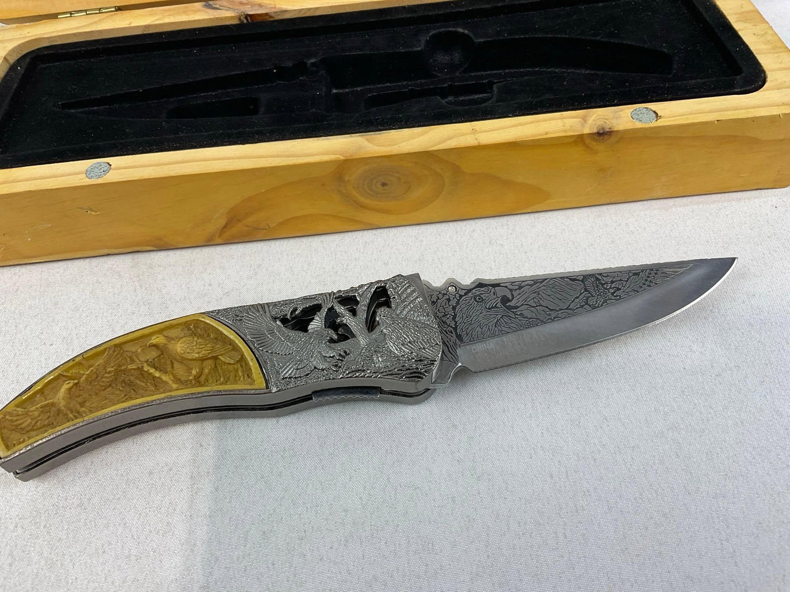 3 Knives w/Carved Resin Handles & Woodland etched designs, 2 Fixed Blades & 1 Folding Knife in ca... - 9