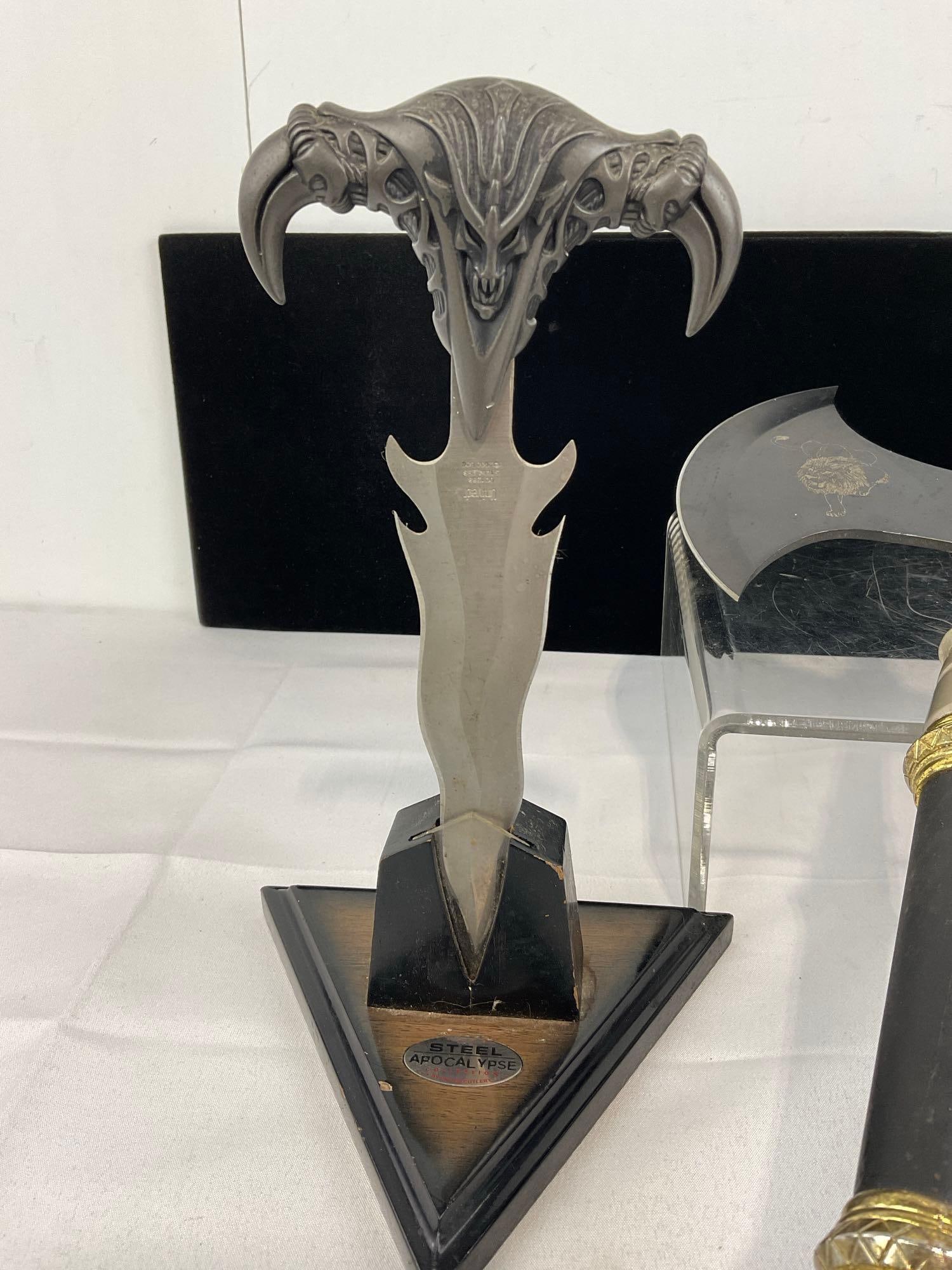 2 Fantasy Fist Daggers w/Stands & Metal Double Bladed Axe, w/Lion Designs - 2