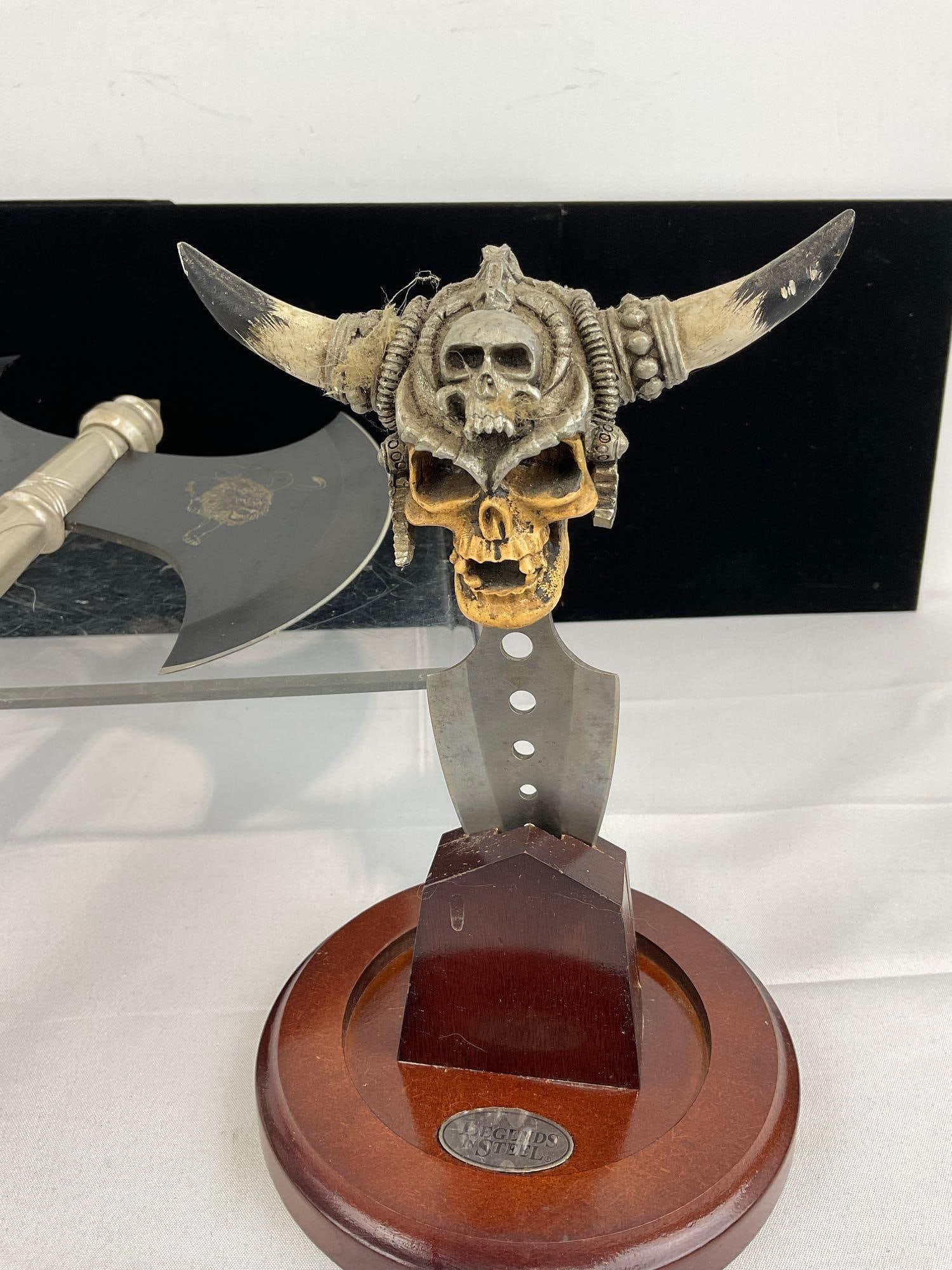 2 Fantasy Fist Daggers w/Stands & Metal Double Bladed Axe, w/Lion Designs - 3