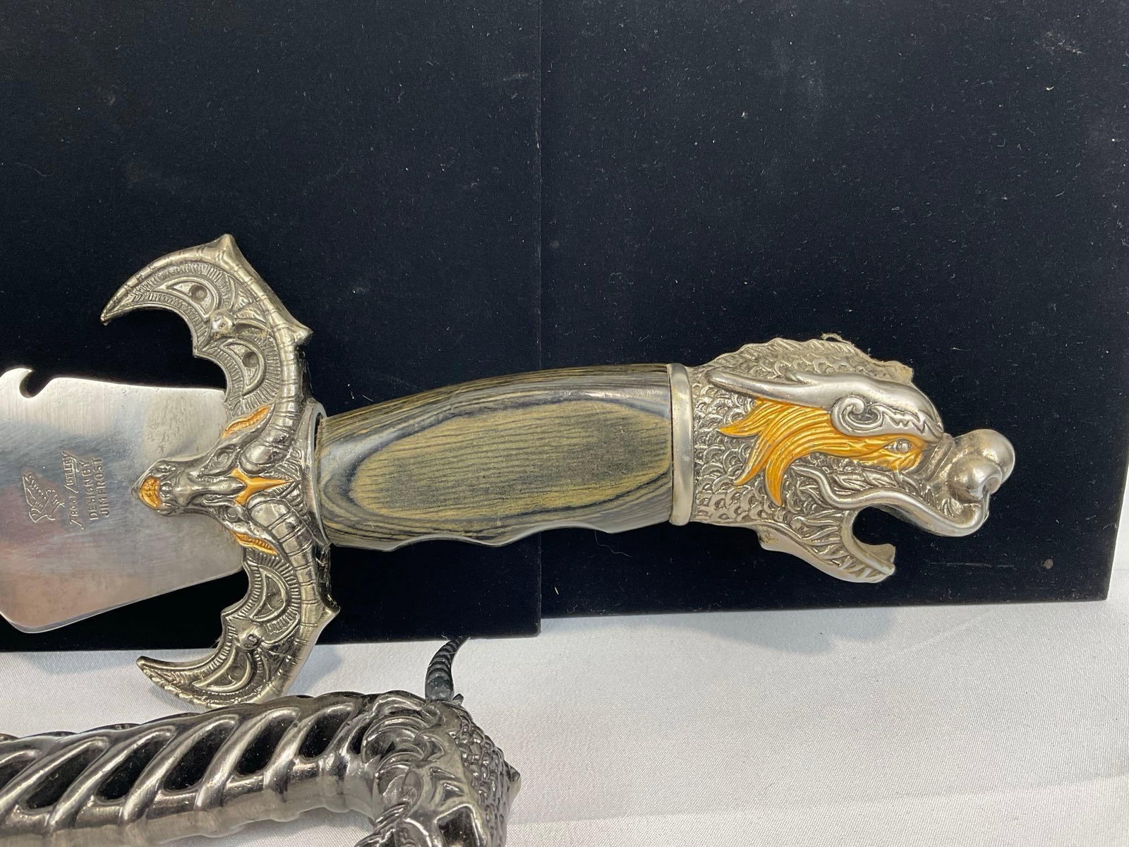 2 Large Fantasy Knives, 1 Frost Cutlery, Wood & Carved metal Handle, & Knife w/Dragon style Handle - 5