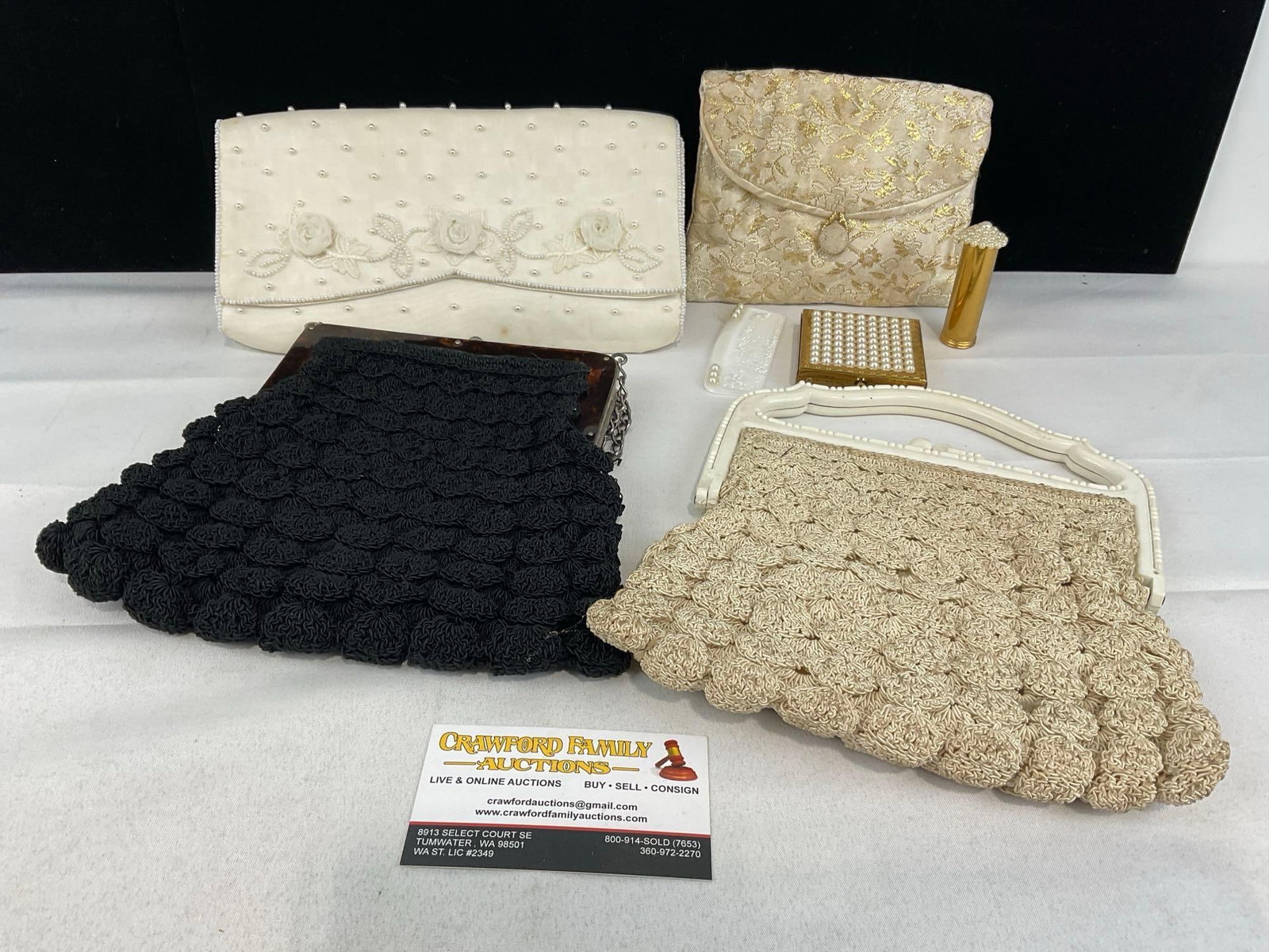 4 Vintage Purses, 2x Crocheted Clutches, Satin Clutch & Dorset Rex Compact Clutch Purse: Appears to be in good shape. The piece measures approx 10h x 6w x 3d inches. See pics. E-5940