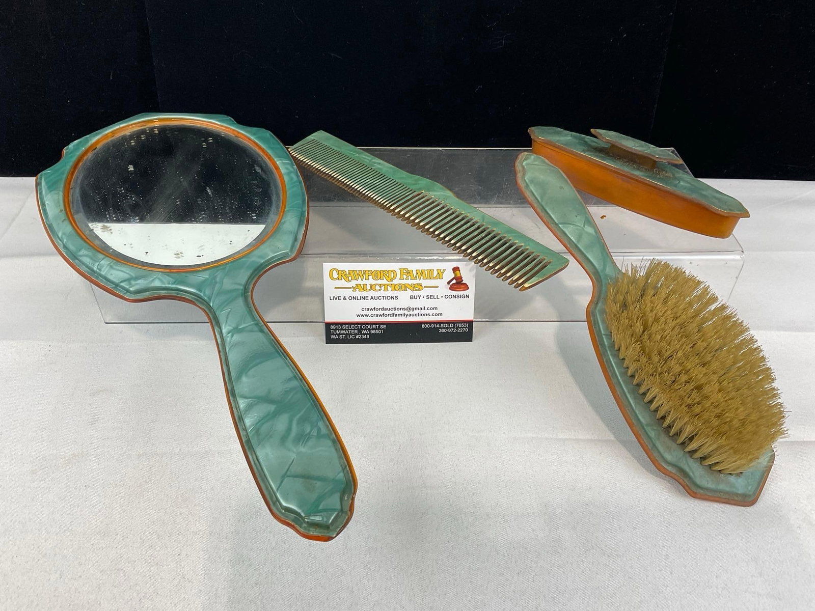 Vintage Pearltone Celluloid Beveled Hand Mirror, Brush, Comb & Pad w/cover (1 of 7)