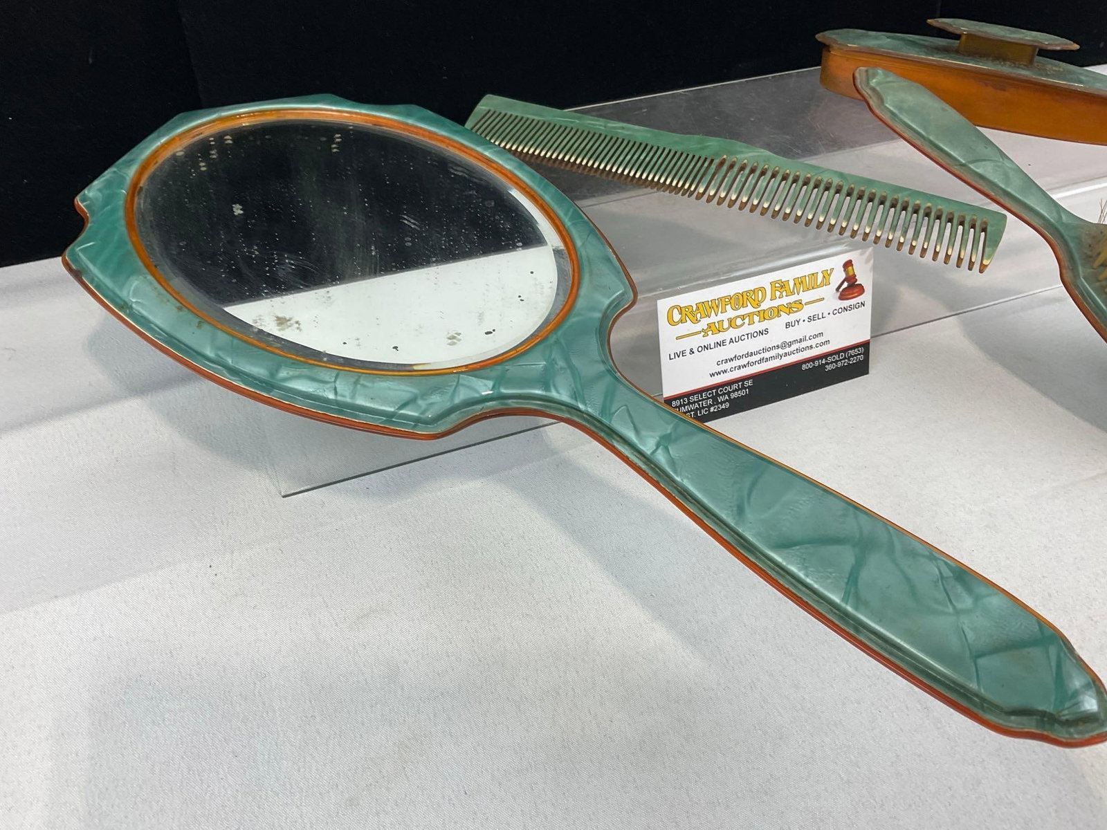 Vintage Pearltone Celluloid Beveled Hand Mirror, Brush, Comb & Pad w/cover - 2