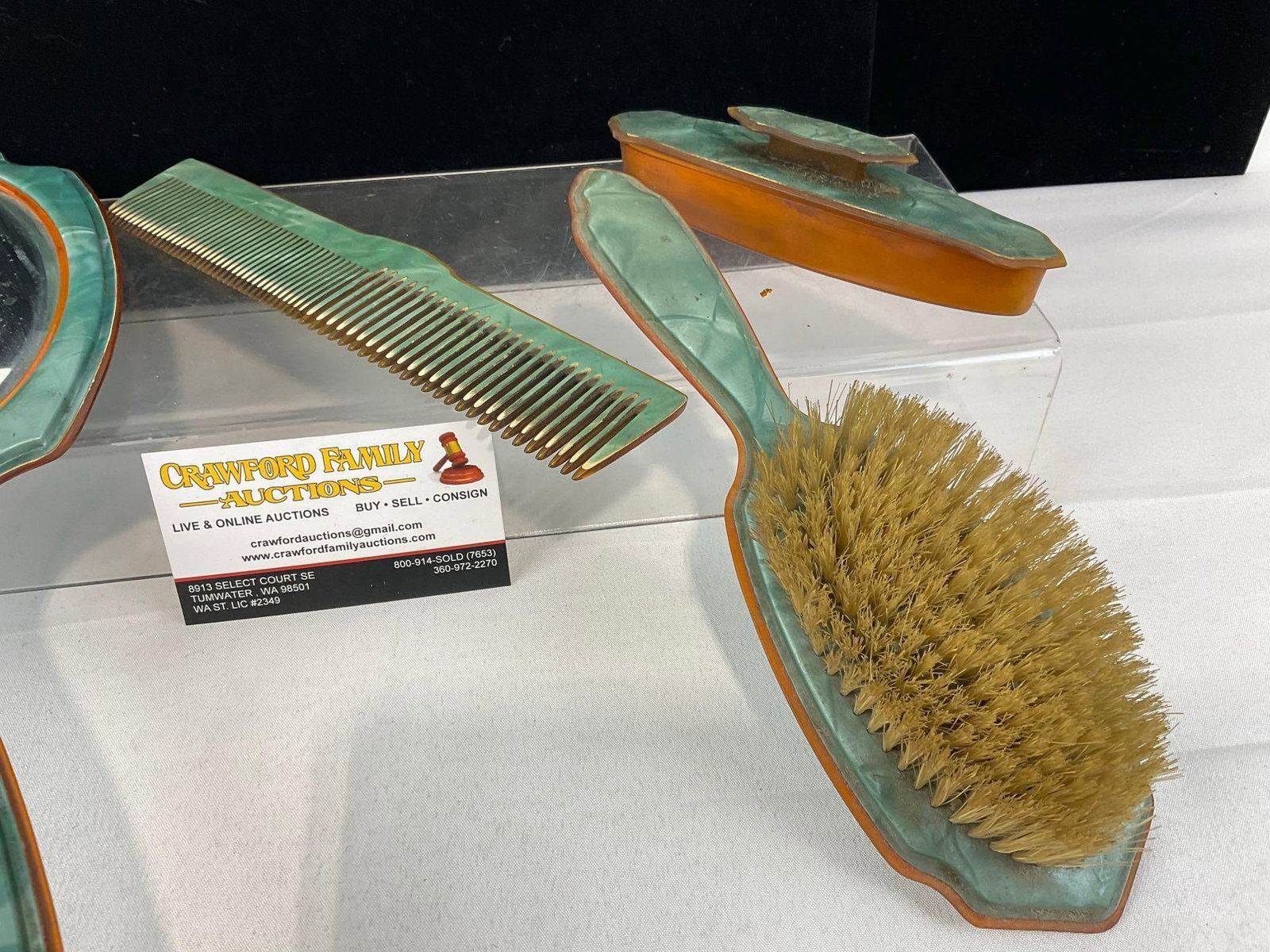 Vintage Pearltone Celluloid Beveled Hand Mirror, Brush, Comb & Pad w/cover - 3