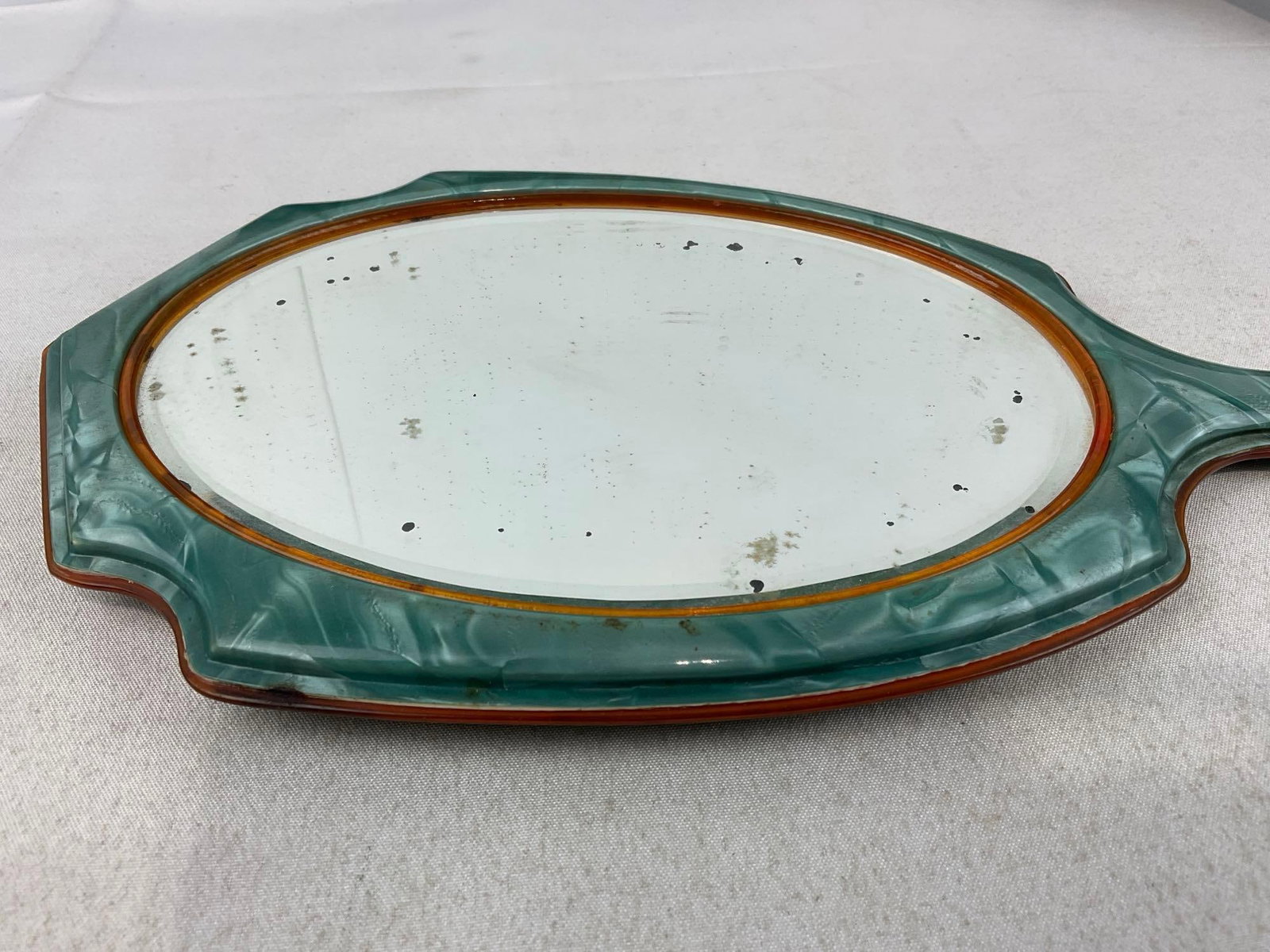 Vintage Pearltone Celluloid Beveled Hand Mirror, Brush, Comb & Pad w/cover - 4