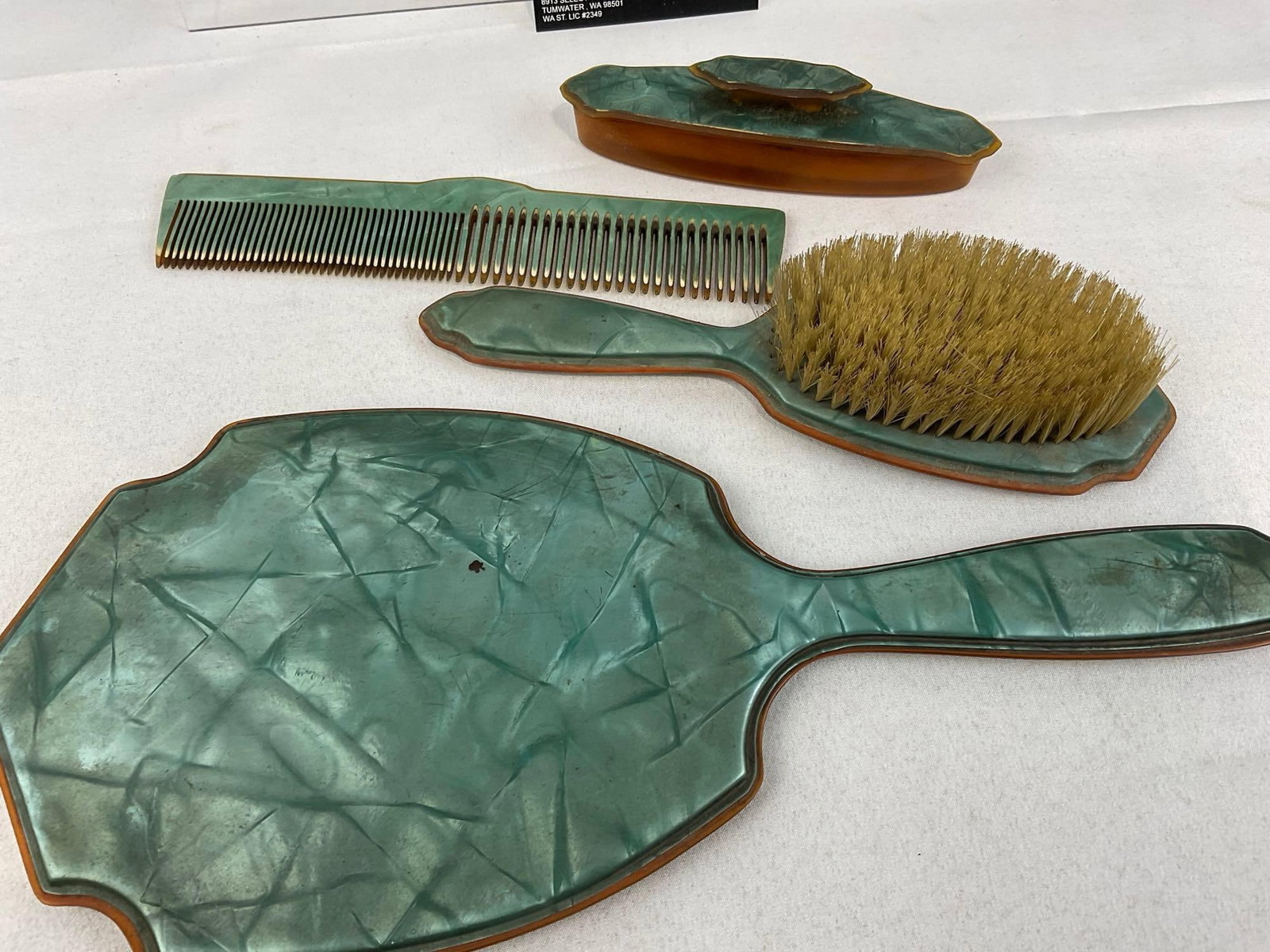 Vintage Pearltone Celluloid Beveled Hand Mirror, Brush, Comb & Pad w/cover - 5