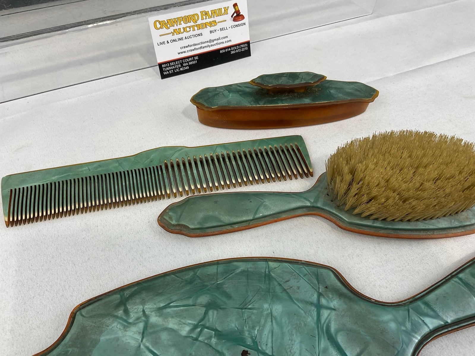 Vintage Pearltone Celluloid Beveled Hand Mirror, Brush, Comb & Pad w/cover - 6